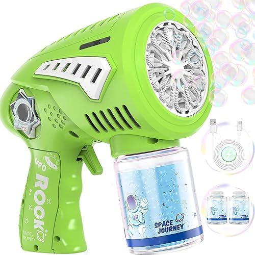 Boerfmo Pistola de burbujas Pistola de burbujas espaciales de 72 agujeros con luz LED Máquina de burbujas recargable para niños Juguetes regalos