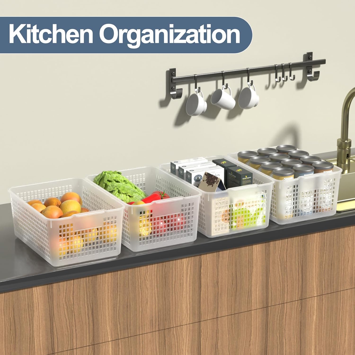 Large Plastic Storage Organization Bins Basket, Set of 3, Clear