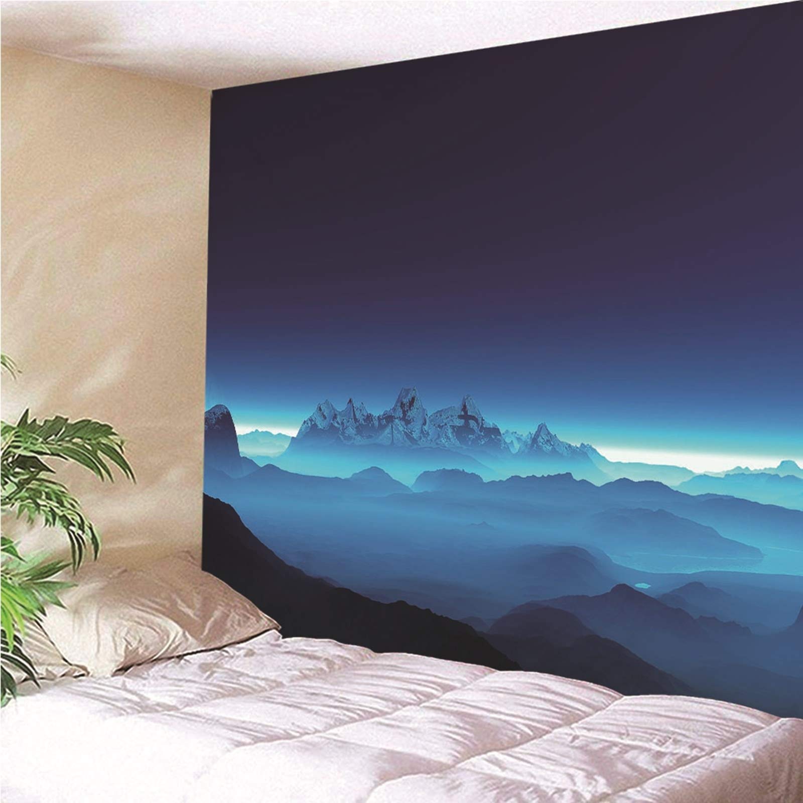 Tapiz Chic Suelo De Habitación Paisaje Montaña Azul Negro Pared Tela Pequeño para Decoración Sala Estar del Dormitorio 260X240Cm