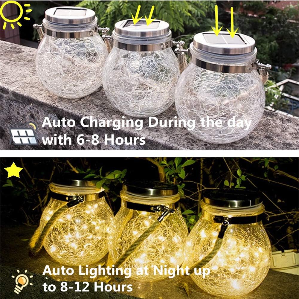 Solar Lantern Outdoor Hanging Solar Light led Mason Jar Light Waterproof Solar Table Lamp Crack Glass Garden Globe Light for Patio Yard Party Wedding Christmas Decoration Outdoor Light Warm White - - 