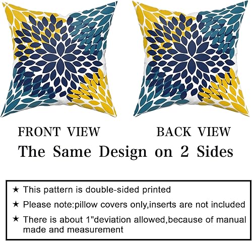 Miniatura 4 de Juego de 2 fundas de almohada de color azul marino y amarillo de 18 x 18 pulgadas flores de dalias modernas rústicas decorativas de algodón con