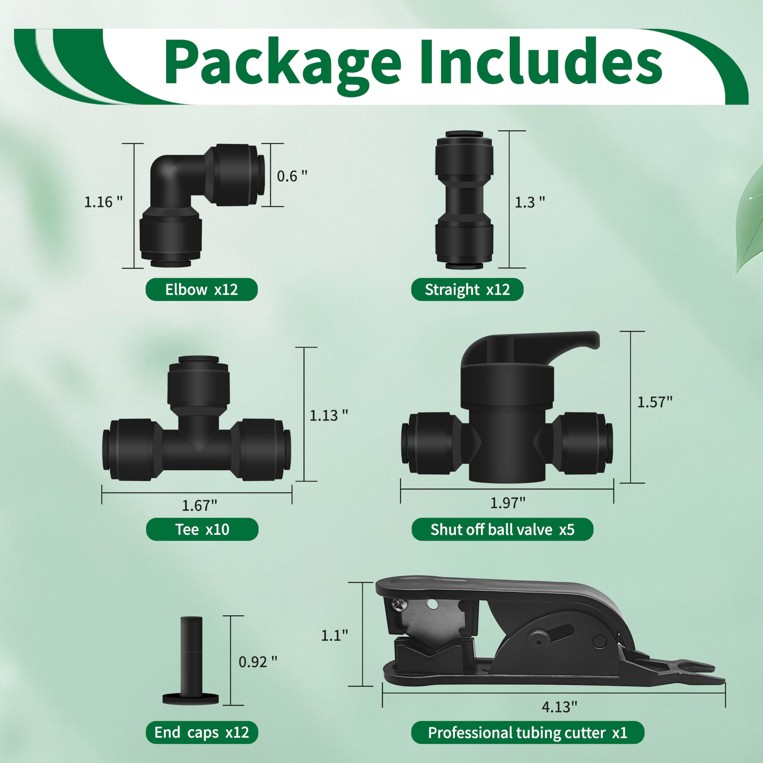 Kit de accesorios de conexión rápida de riego por goteo de 1/4 pulgadas (12 acoplamientos, 10 Tees, 12 codos, 5 válvulas de cierre, 12 tapones y cortador de tubos), conectores de línea de