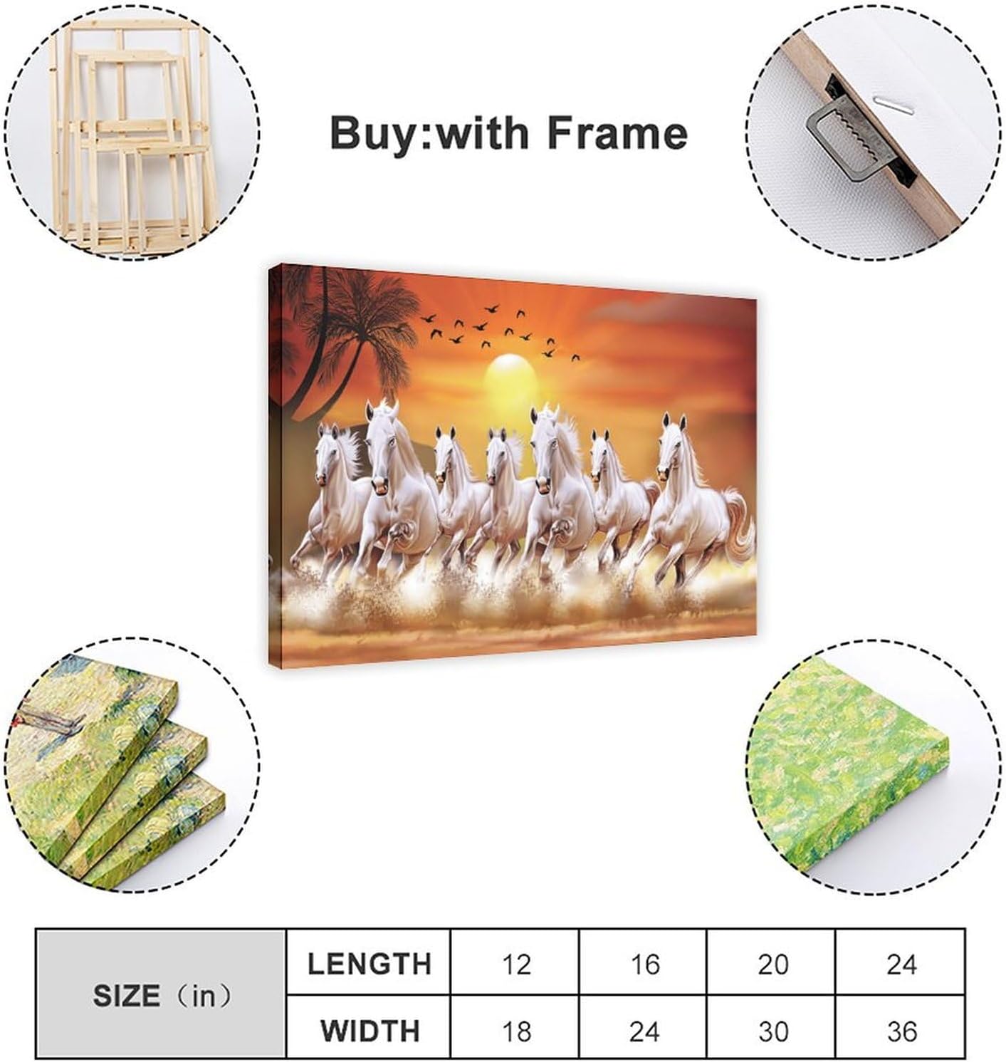 Seven Lucky Running Wild Horses Wall Art Animal Posters 7 Horses Running Painting Canvas Poster Bedroom Decor Sports Landscape Office Room Decor Gift Frame-style Frame-style12x18inch(30x45cm) - Image 2