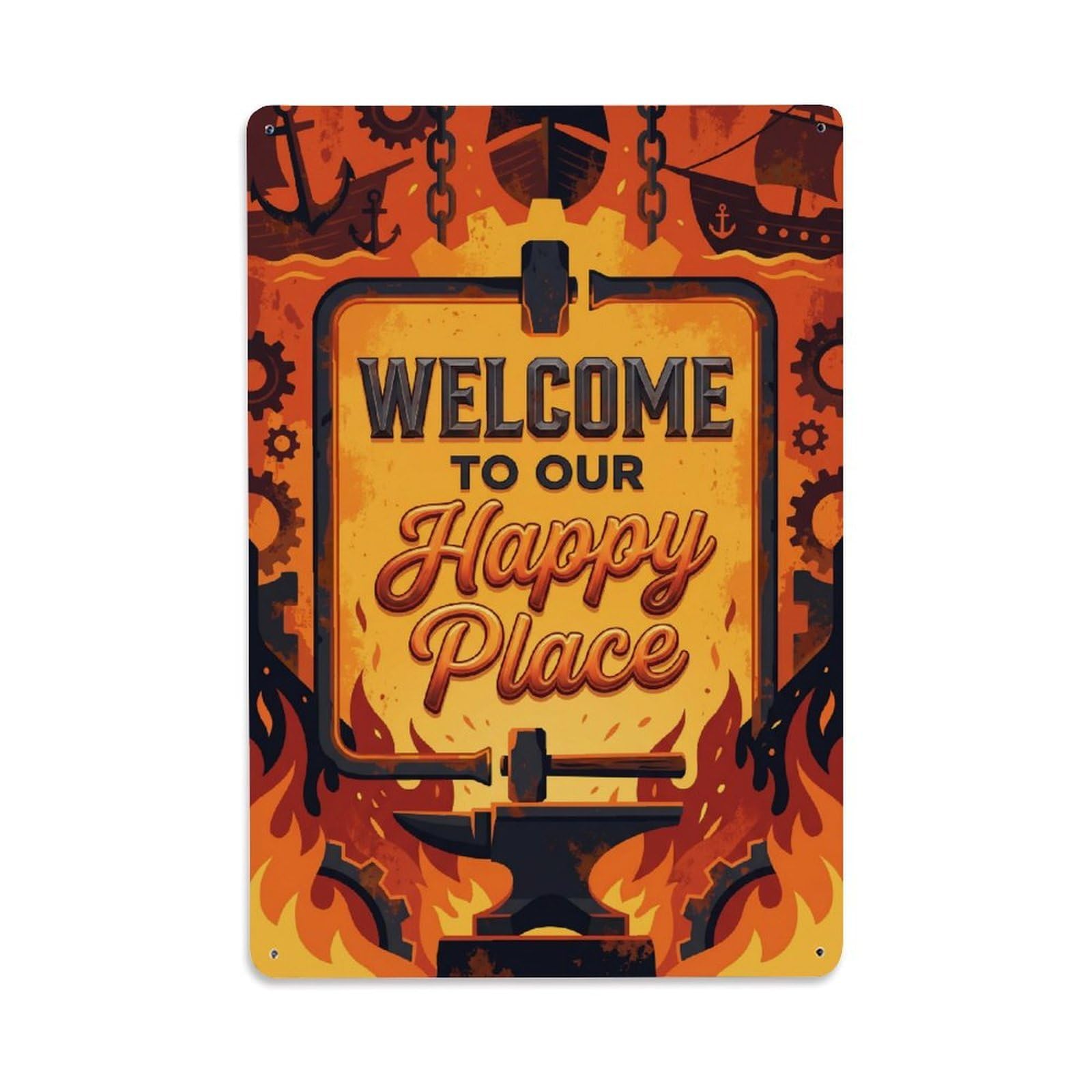 Welcome To Our Happy Place Vintage Blacksmith Forge Metal Tin Sign Plaque Wall Decor for Cafe, Club Bar, Office, Home Garden Metal Poster 8x12Inch