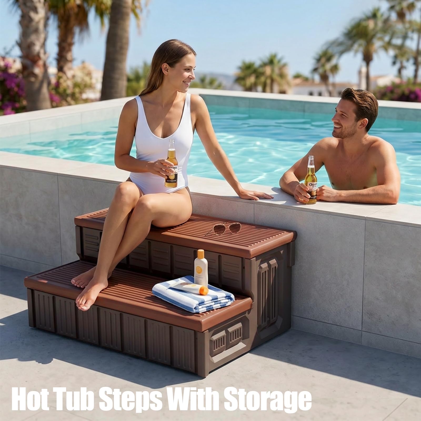 Whirlpool-Stufen, Spa-Stufen im Freien mit Stauraum, rutschfeste & stabile Whirlpool-Treppe, 91,4 cm lang, Kaffee/Grau