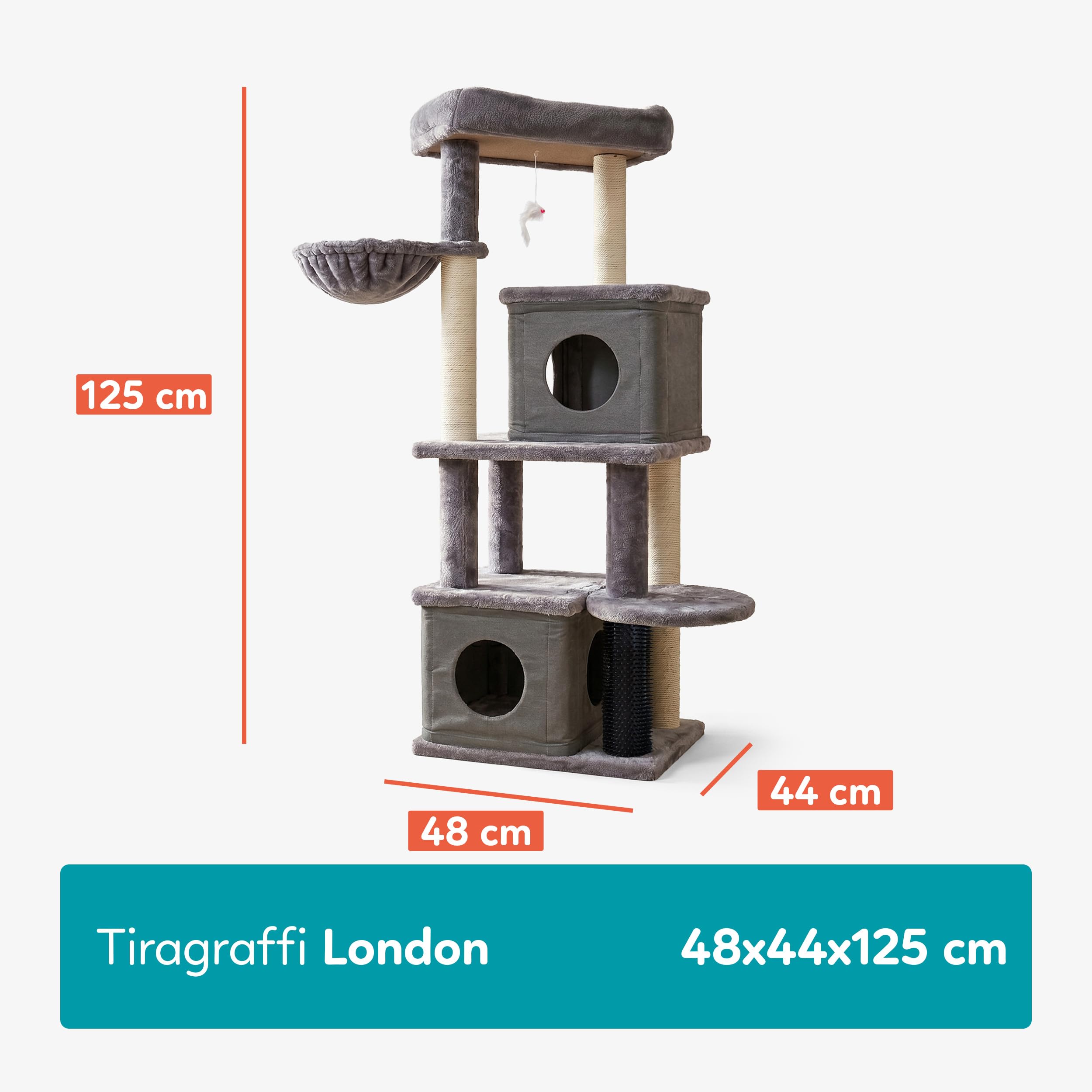 Aqpet Tiragraffi XL a Torre in Sisal e tessuto con Cucce per il riposo, Alto 125 cm per il massimo divertimento del tuo gatto, Colore Grigio