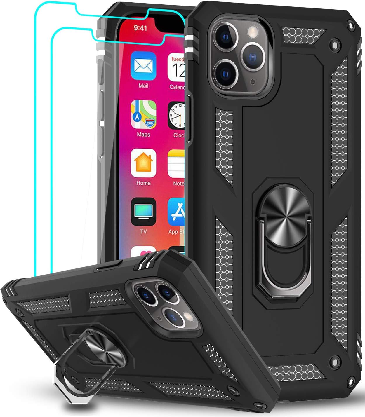 LeYi Compatible for iPhone 11 Pro Max Case with Tempered Glass Screen Protector [2 Pack], Military-Grade Phone Case Cover with Ring Kickstand for Apple iPhone 11 Pro Max 6.5 inch，Black