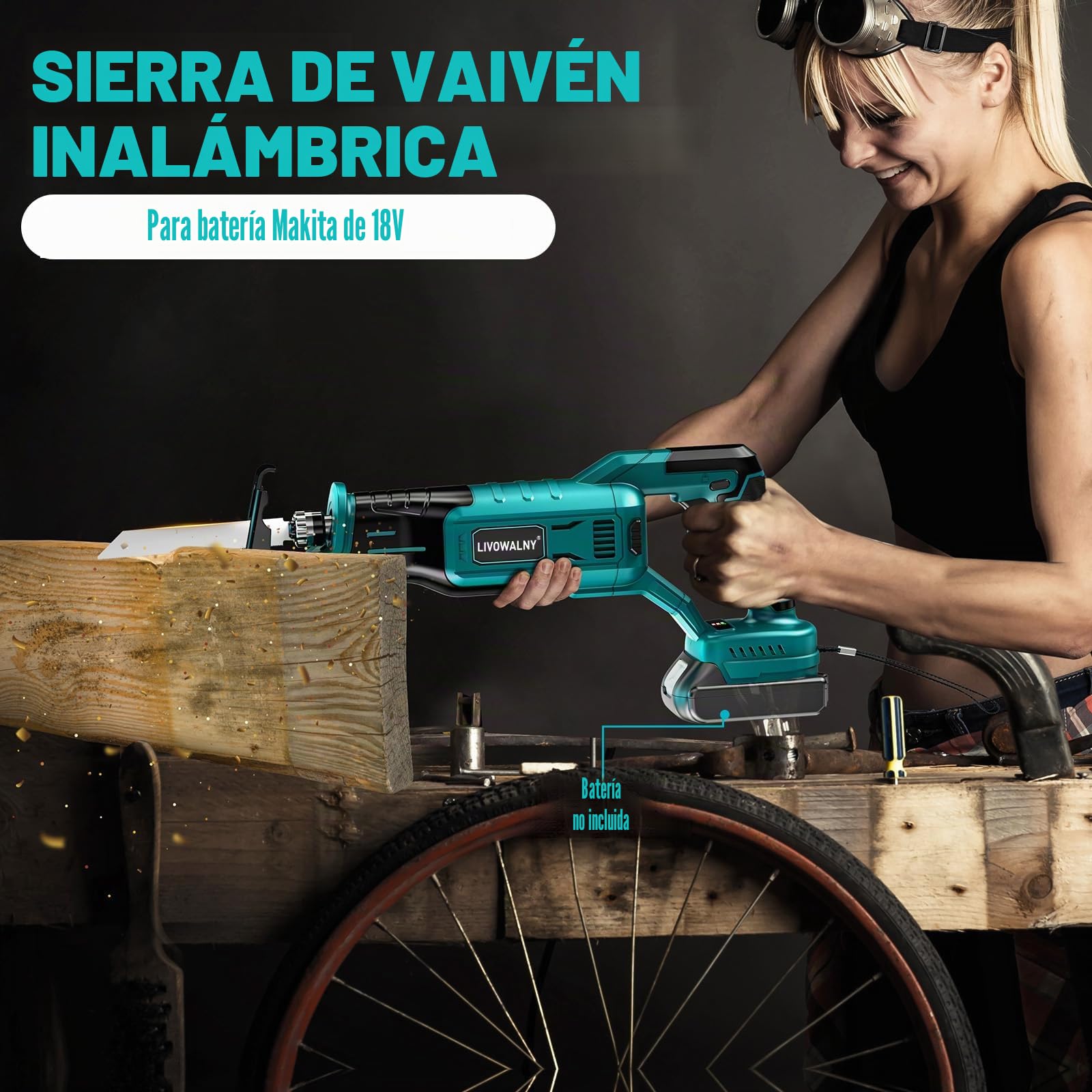 LIVOWALNY Sierra Sable Compatible con Ma-kita 18V, 3200 SPM Motor Sin Escobillas, 3 Velocidades Variables, Sierra de Sable con 4 Hojas de Sierra, Para Cortar Madera y metal-Azul (SOLO HERRAMIENTA)
