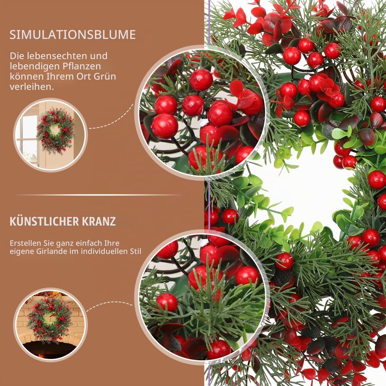 Weihnachtskranz für Tür, Adventskranz, Weihnachtsdeko für Außen und Innen, Künstlicher Kranz aus roten Kiefernnadeln（ 14 Zoll）