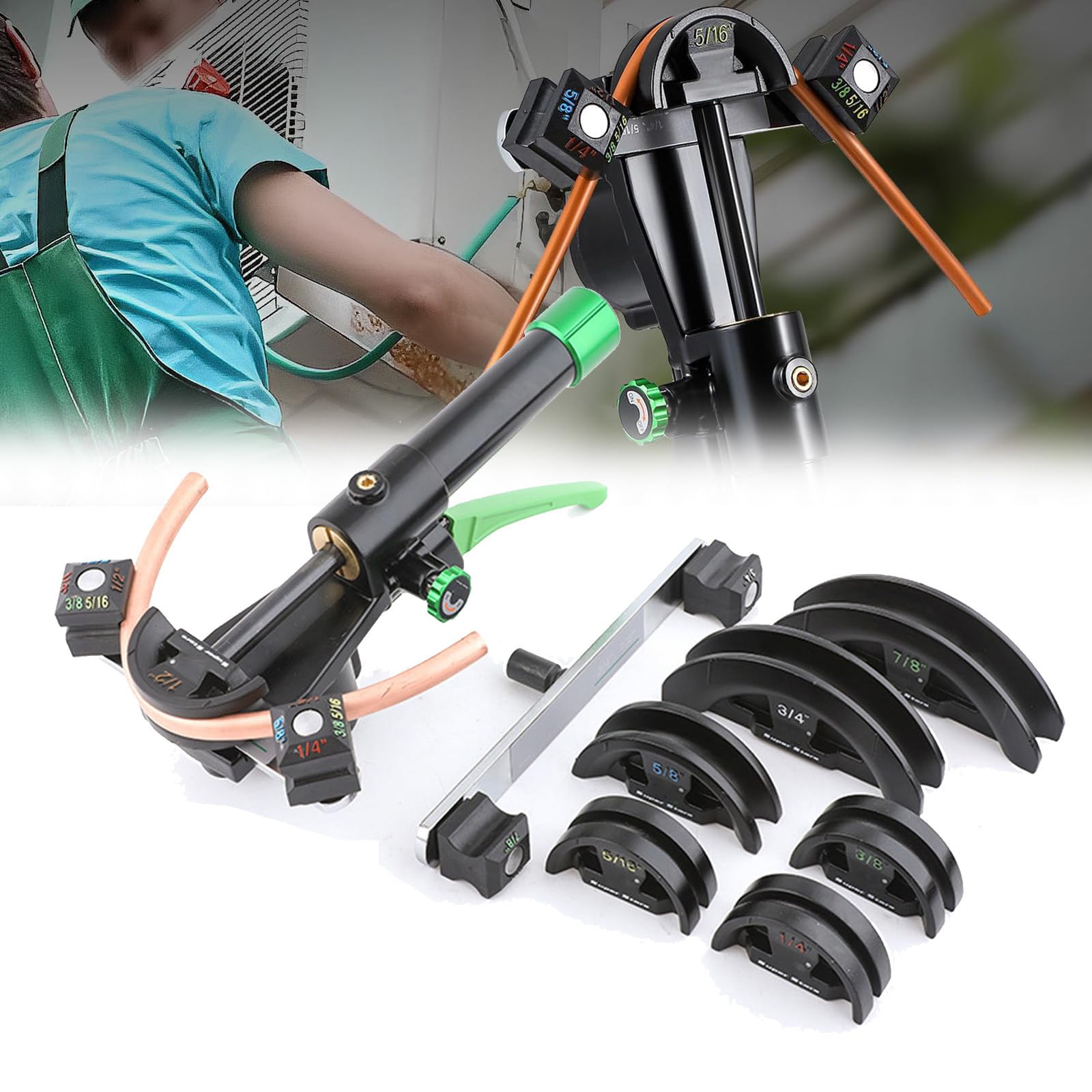 JXYQ Manual Hydraulic Tubing Bender Kit - Ac Pipe Bender Tool Set with Ratchet and 7 Molds for Aluminum and Thin Steel Tubes