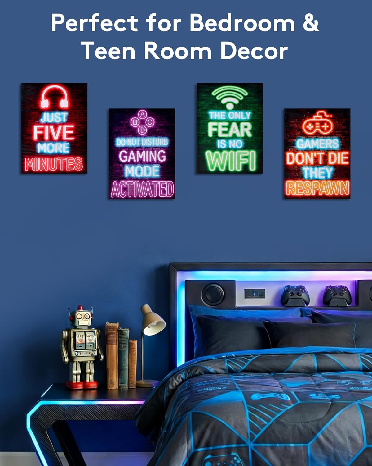 VividPulse 4Pcs Neon Game Room Poster Set, 12x16 Inch Arcade Wall Art Prints, Retro Gaming Decor for Game Room, Man Cave, Bedroom, Teen Room, Gaming Setup, Unframed Modern Gamer Wall Decoration - Image 4