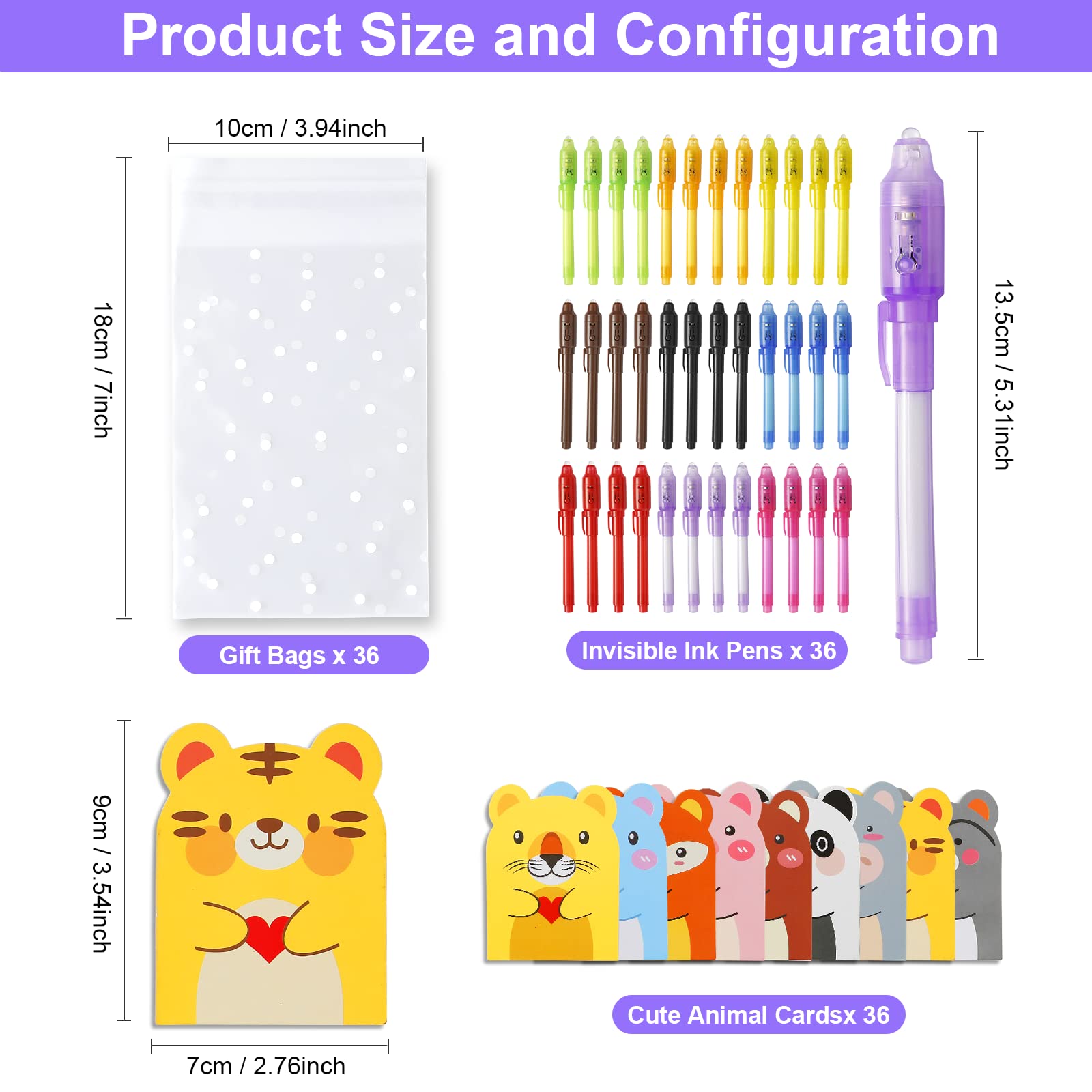 DazSpirit 36 pcs Invisible Ink Pen with Cute Animal Cards and Gift Bags - Image 2