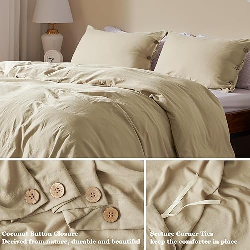 Miniatura 5 de SunStyle Home Juego de funda de edredón beige tamaño Queen con cierre de botones, 3 piezas de color liso, lujoso, ultra suave y agradable para la