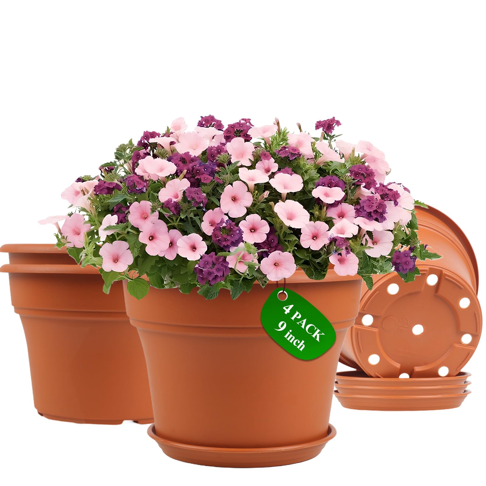 9 Inch Plastic-Flower Pot-for-Indoor Plants, 4 Pack Large Outdoor Planter Pot with Drainage Holes & Saucers, Resin Decorative Garden Pots Planters