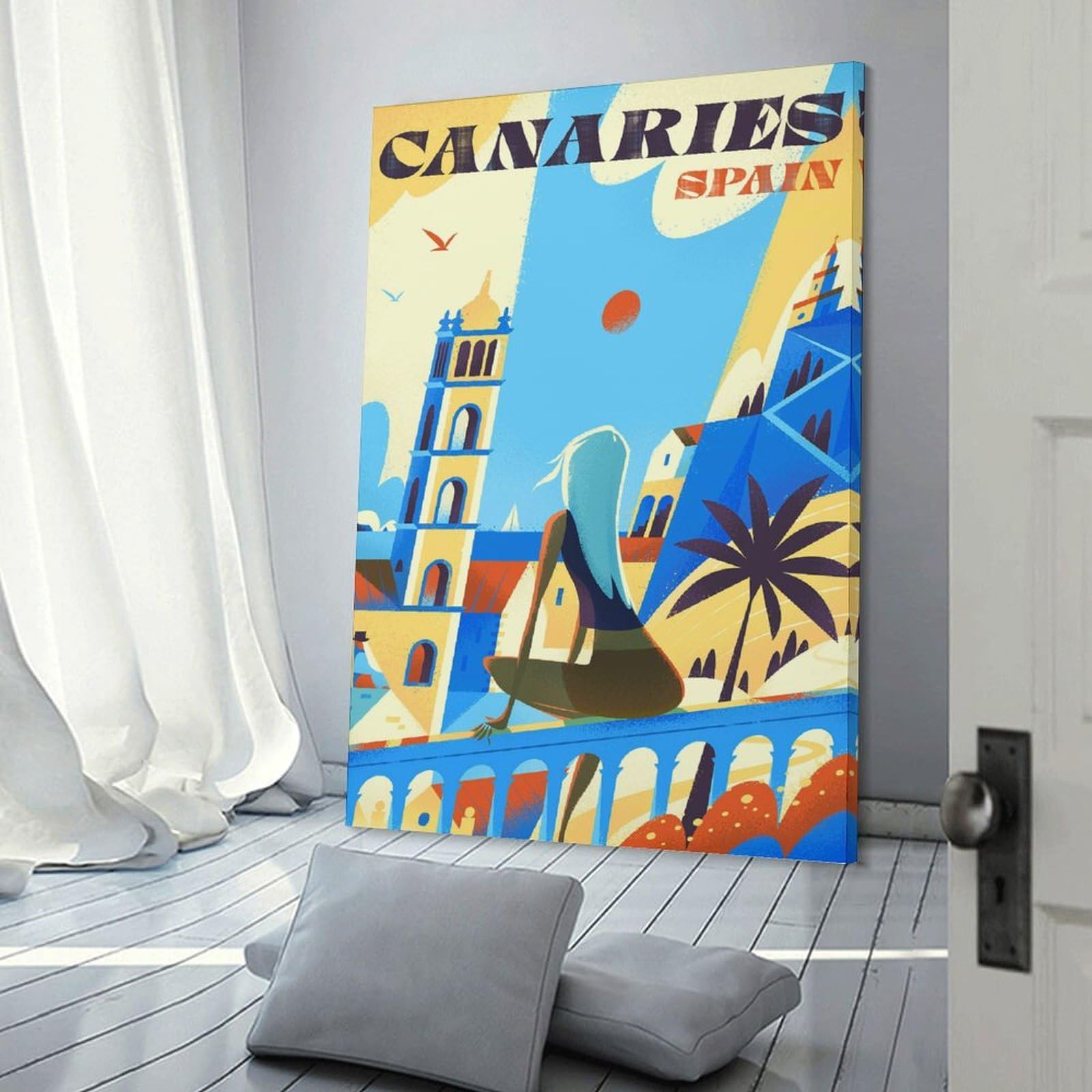 Junmoney Canvas Wall Picture Canaries Spain Travel, 24x36inch(60x90cm), for Front Hall, Corridor Or Welcome Spaces, Decorative Wall Art for Narrow Spaces