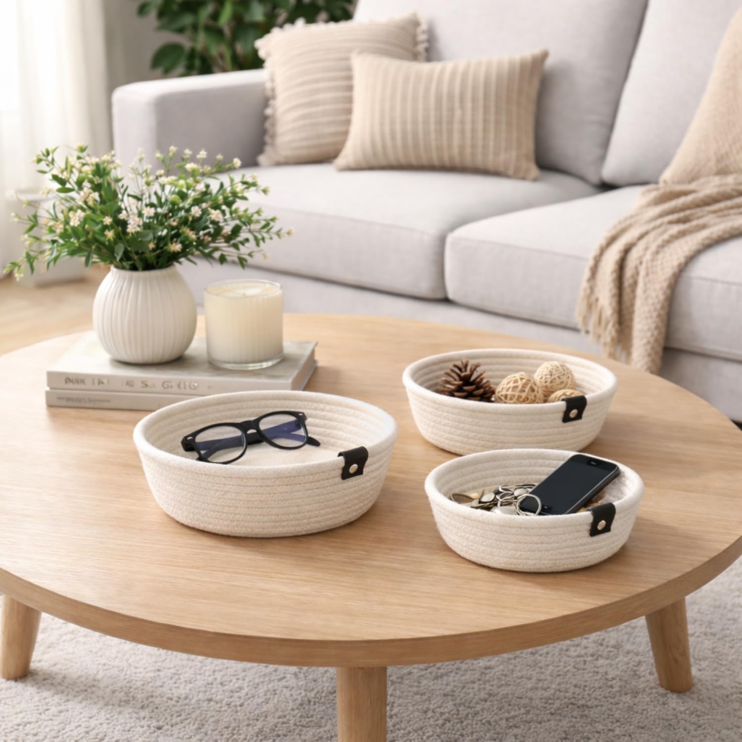 Cestini Portaoggetti in Cotone - Set 3 Cestini Organizzatori Multiuso per Neonato, Bagno e Cucina - Cestini Portaoggetti per Fasciatoio, Giochi, Cosmetici, Chiavi e Telecomandi - ASTEER HOME (Bianco)