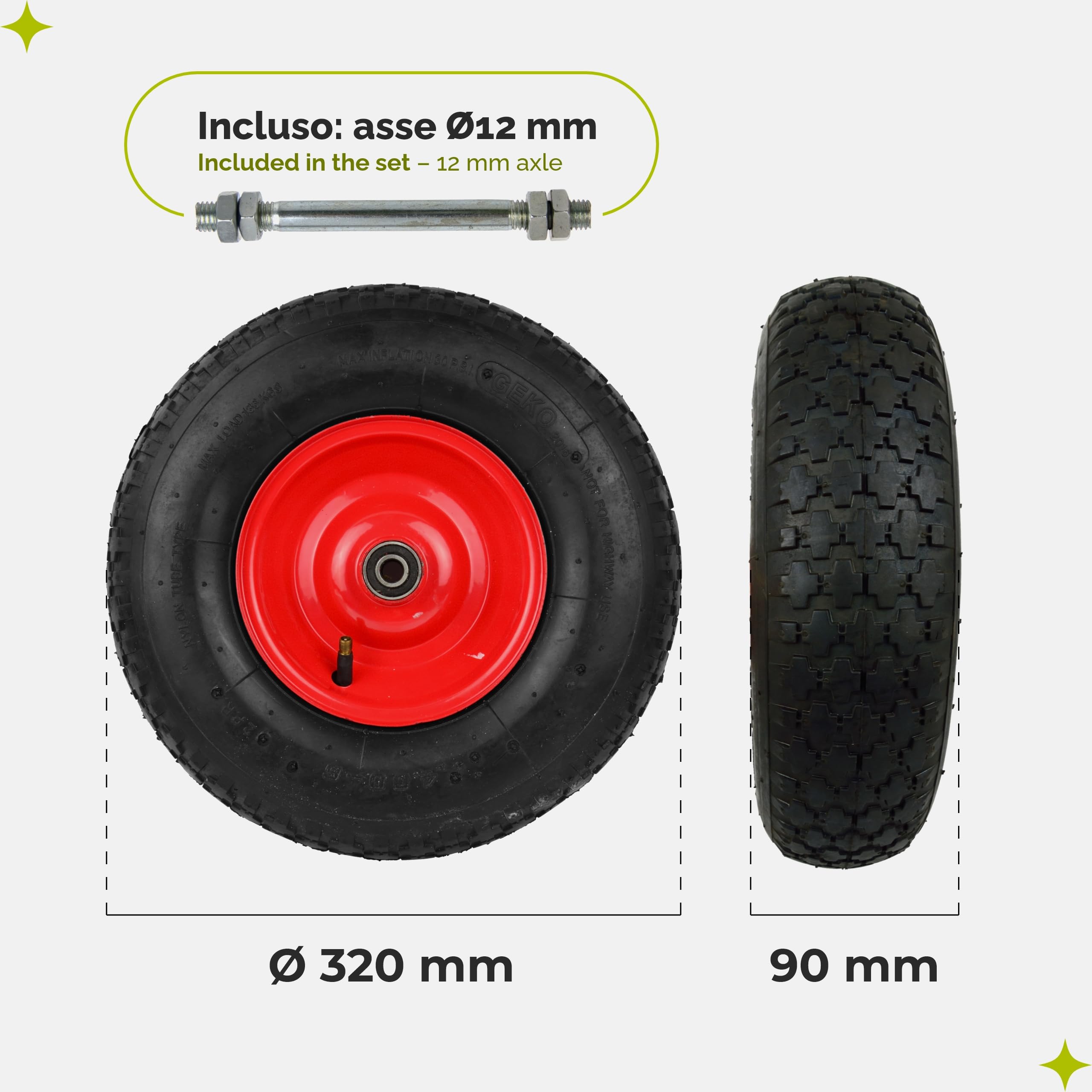 Garronda Ruote per Carrello 4.00-6 con Asse, Pneumatica 2PR Ruota Carriola con Valvola Auto, Ø 32×9 cm, foro 12 mm, portata fino a 136 kg GD-0163, Nero/Rosso