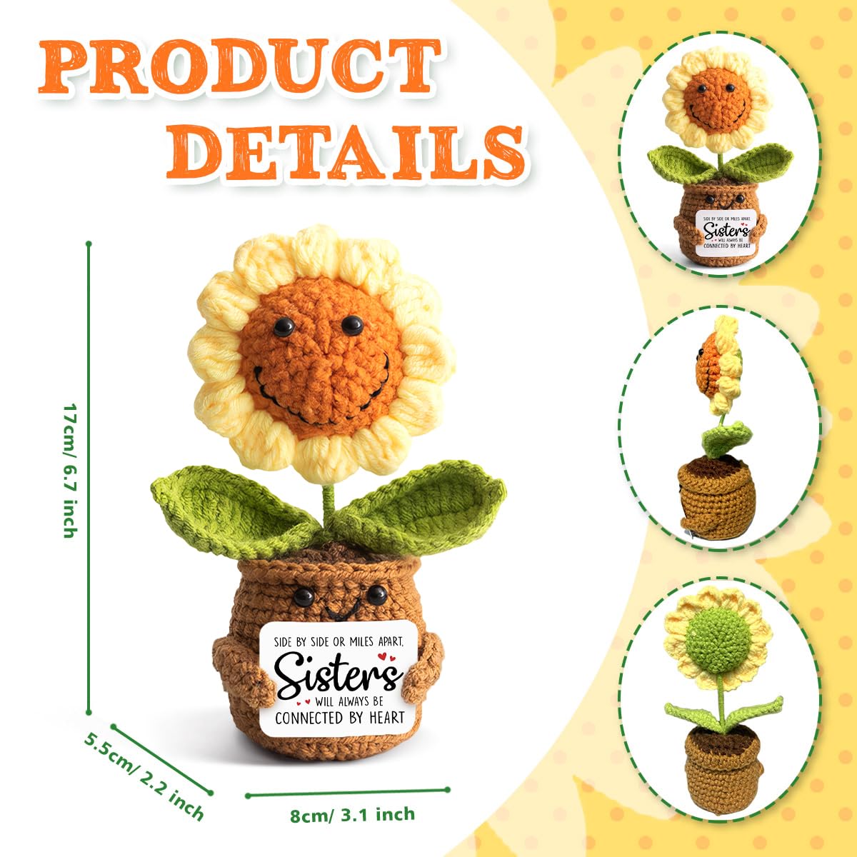 Sister Gifts from Sister - Positive Sunflower Crochet - Side by Side Or Miles Apart Sisters Emotional Sunflower Support Crochet - Birthday, Graduation, Long Distance Gifts for Women, Soul Sisters