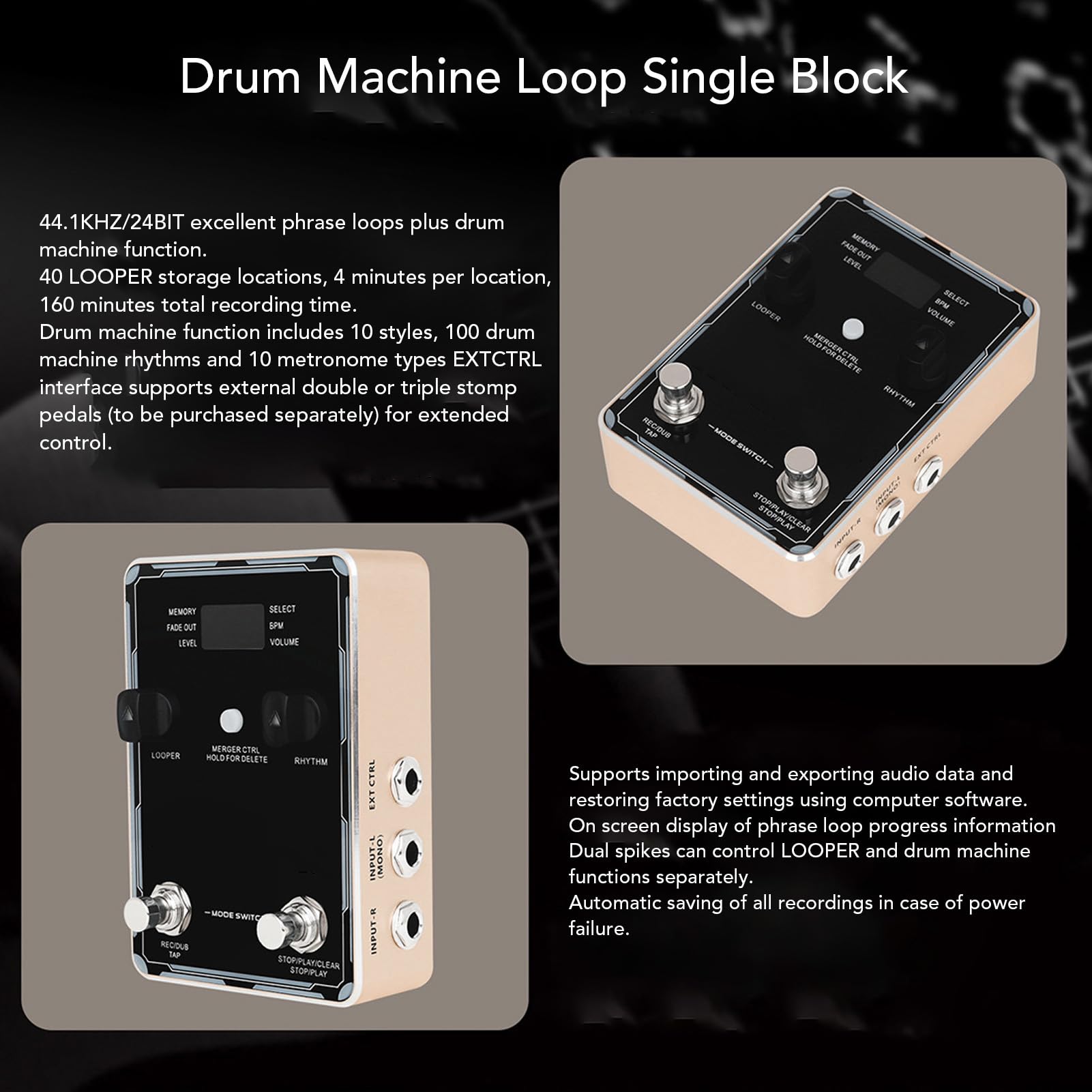 Pedal de Efectos de Guitarra Eléctrica, Máquina de Ritmo de Tiempo de Grabación de 160 Minutos con Soporte de Software de Computadora para Bajos Eléctricos