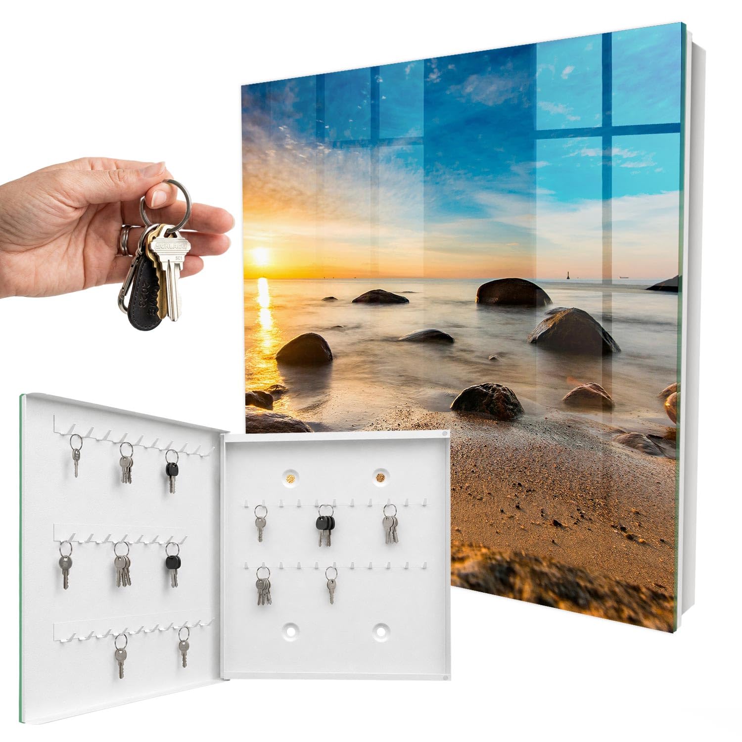 Armoire à clés métal & Verre 30x30x5 cm Côte Ouest Porte Gauche Blanc | Rangement | Sécurité | Accroche-clés | Coffret | Boîtier | Décoratif | Crochet | Mobilier | Attache | Fixation | Entrée
