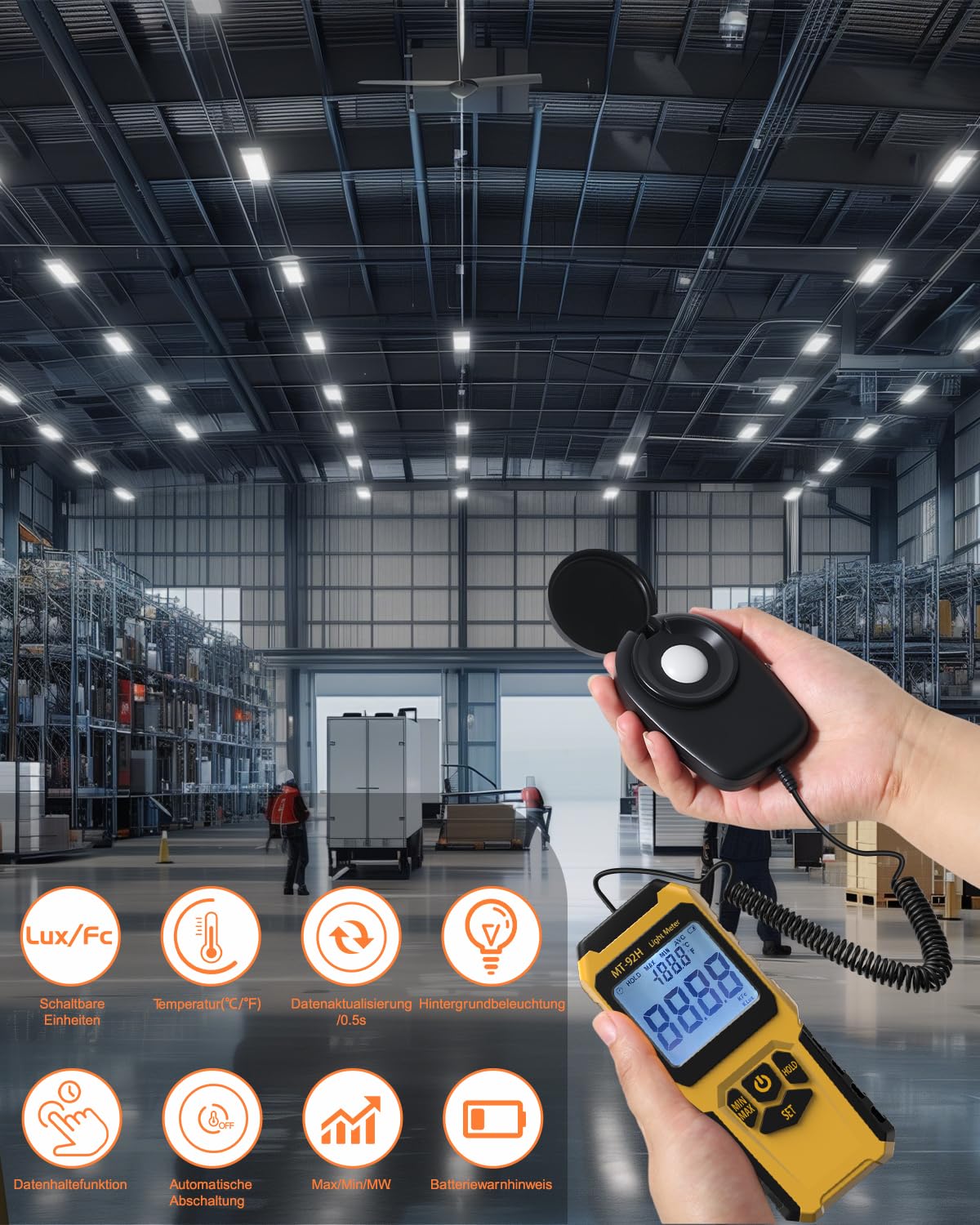 Digitales Luxmeter, Handheld Lux Messgerät Thermometer mit Externem Sensor, bis 200.000 Lux, hohe Genauigkeit, LCD Display, Lichtmessgerät für Pflanzen Innen Außen