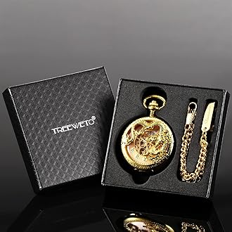 Mens Antique Skeleton Mechanical Golden Pocket Watch Dragon Hollow Hunter with Chain and Box
