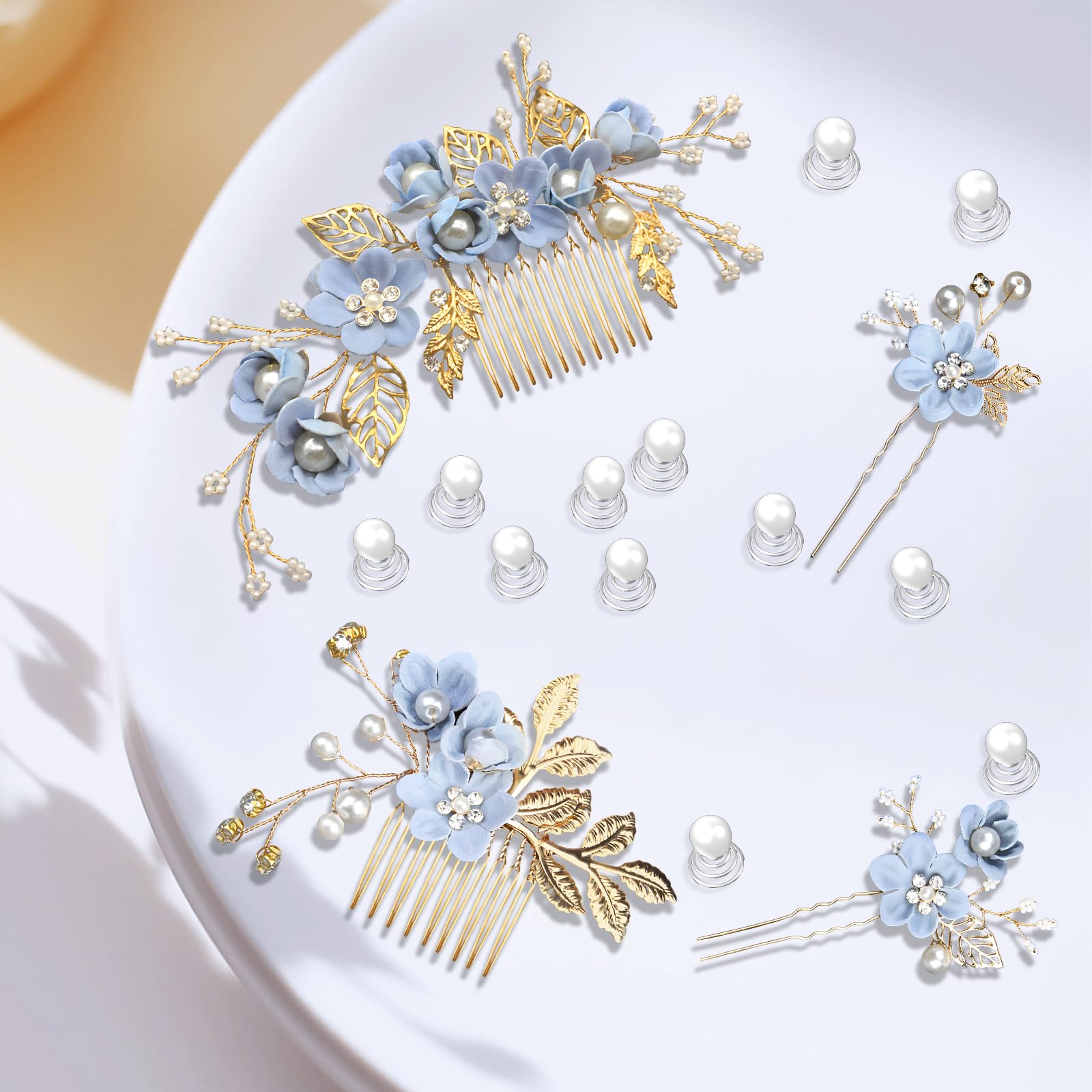 16PCS Bridal Wedding Blue Hair Accessories for Women Elegant Decorative Flower Hair Pins & Comb Set - Image 4
