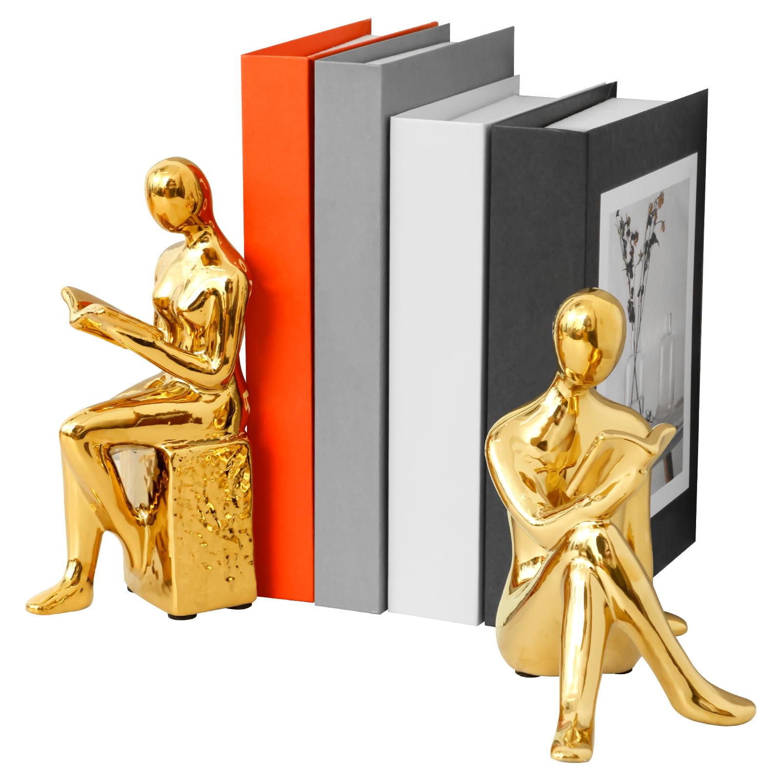 2Pcs Decorative Bookends,Ceramic Book End Holder for Shelves, 3D Sculpture Bookend Anti Slip Book Stopper for Home Office Library School,Books End Bookshelf Decoration(Golden)