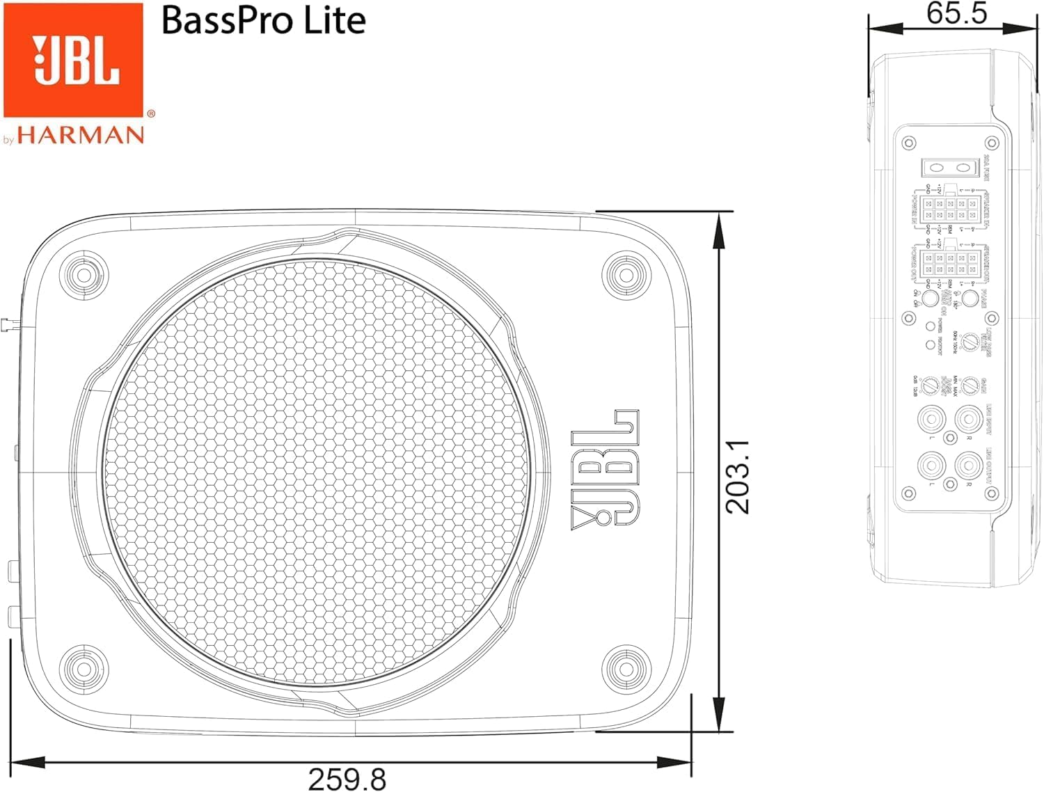 JBL BassPro Lite: Subwoofer Attivo Auto Ultra-Compatto con Amplificatore Integrato da 100 watt, Subwoofer Auto Amplificato sottosedile, Cabinet in Alluminio, Facile installazione e compatibilità