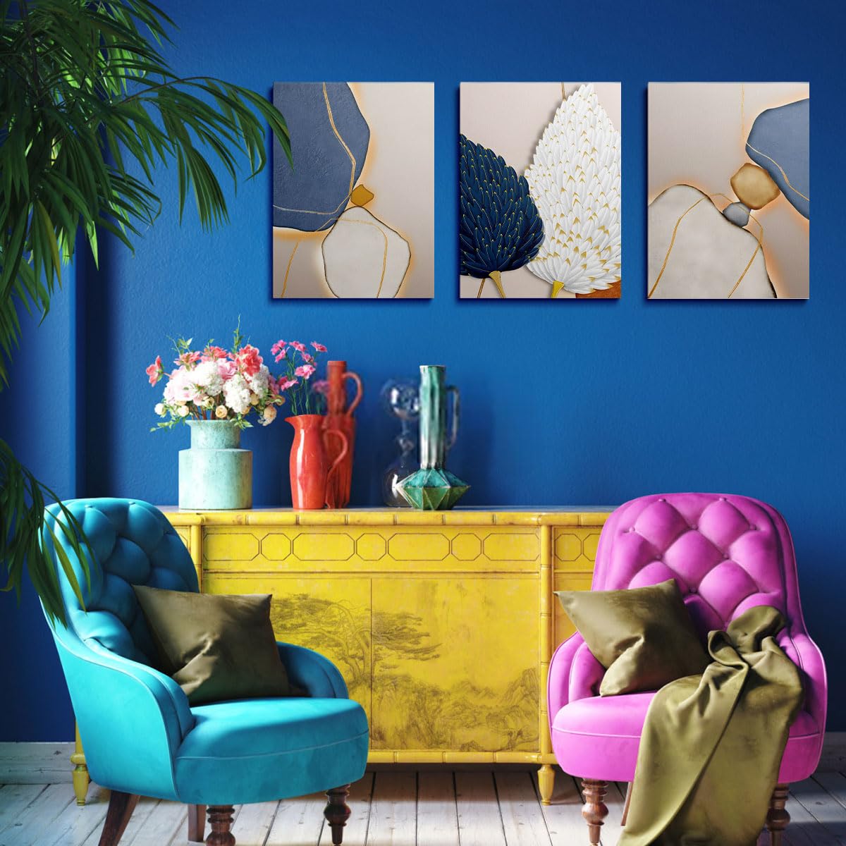 Painting Pictures Canvas Wall Art for Living Room Bedroom Bathroom Blue and White Paintings Modern 3 Piece Framed Canvas Art Prints Ready to Hang Inspirational Home Decorations - Image 2