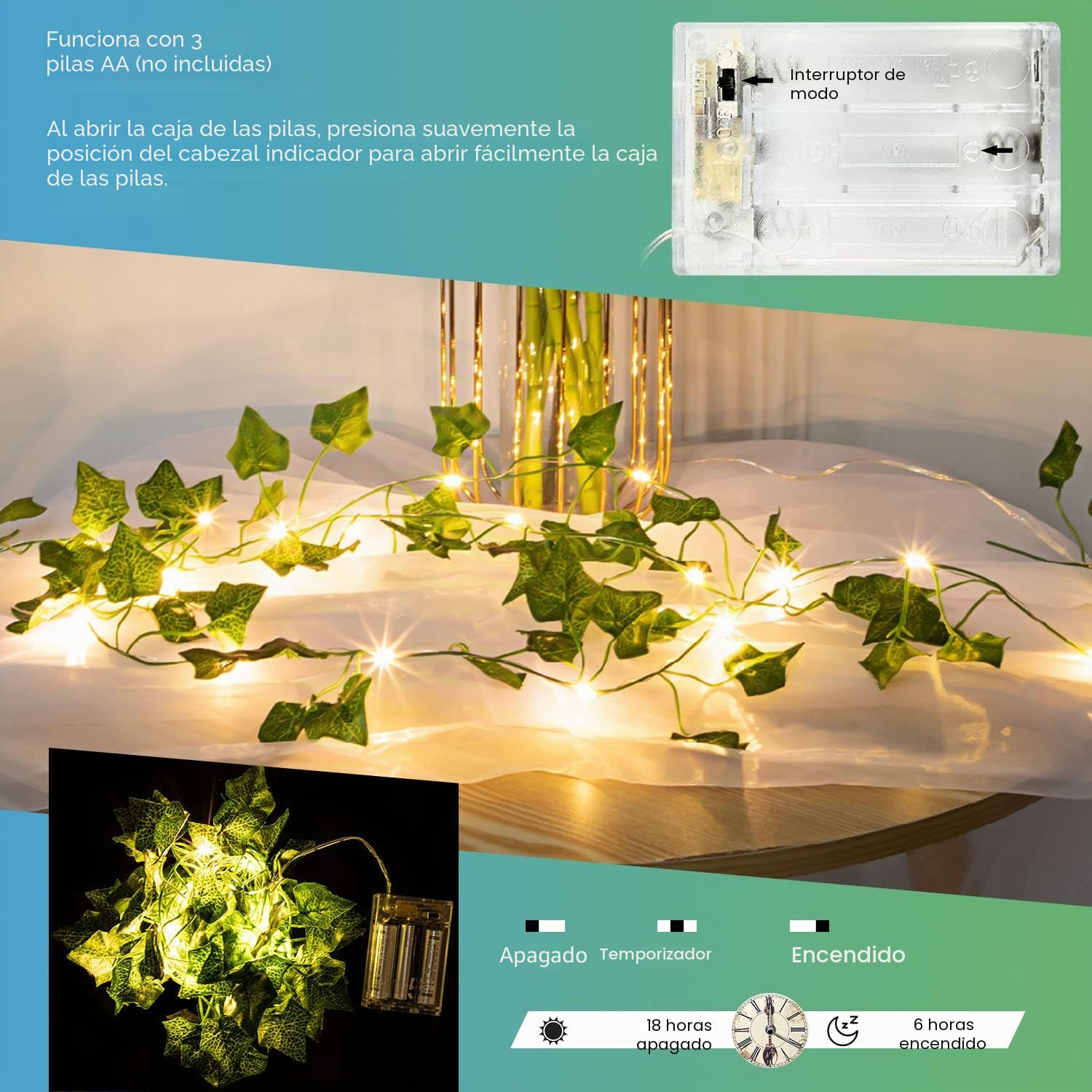 Bigzom 4m 40 LED cadena de luces de hiedra artificial, guirnalda de hiedra artificial cadena de luces interior con función de temporización para decoración de habitaciones