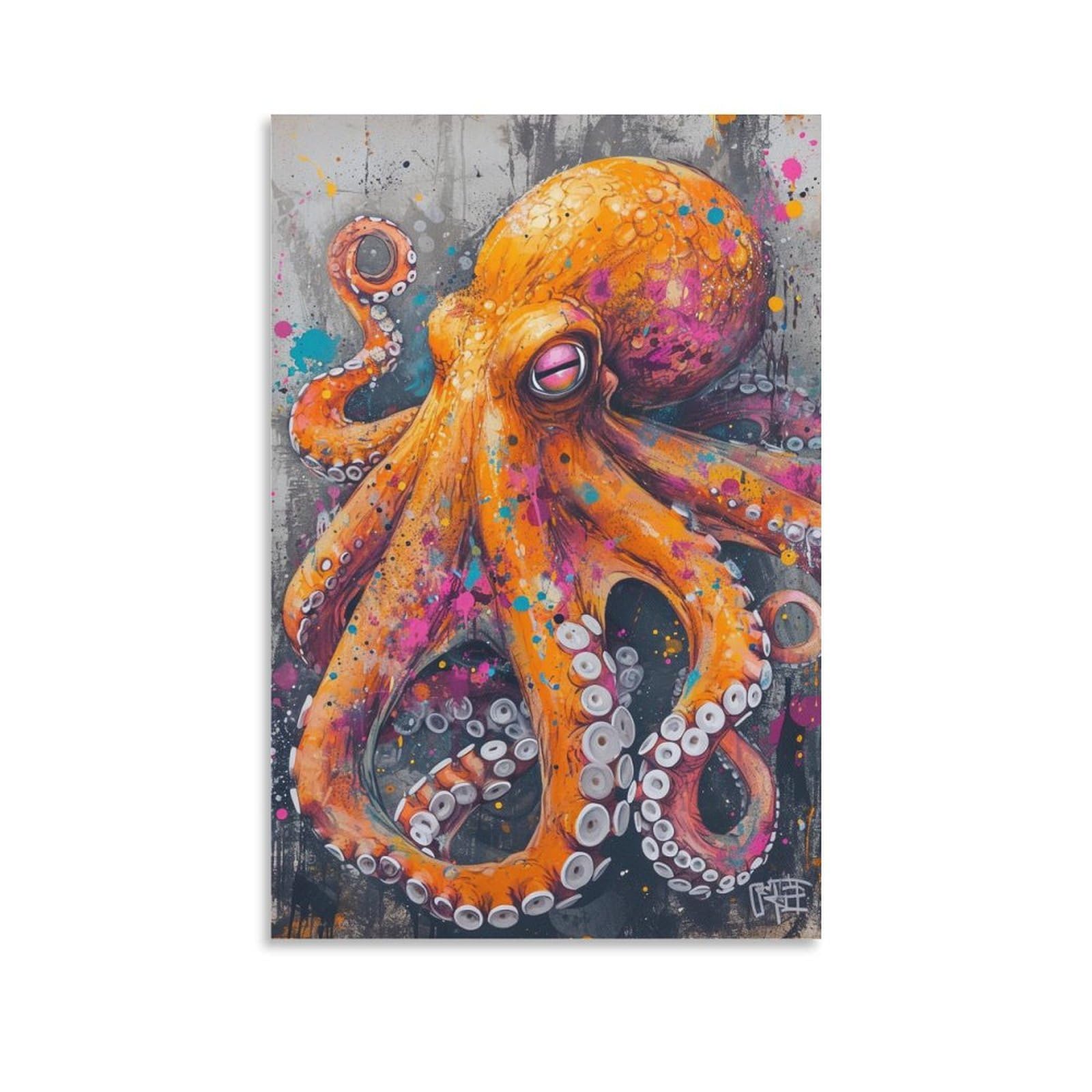 Euumkoo Unframed Orange Rustic Octopus Canvas Wall Art, Nature Animal Vintage Picture Painting On Canvas, Print Poster Decoration Artwork For Home Living Room Bedroom Wall Decor Unframe 20X30inch(50X75cm)