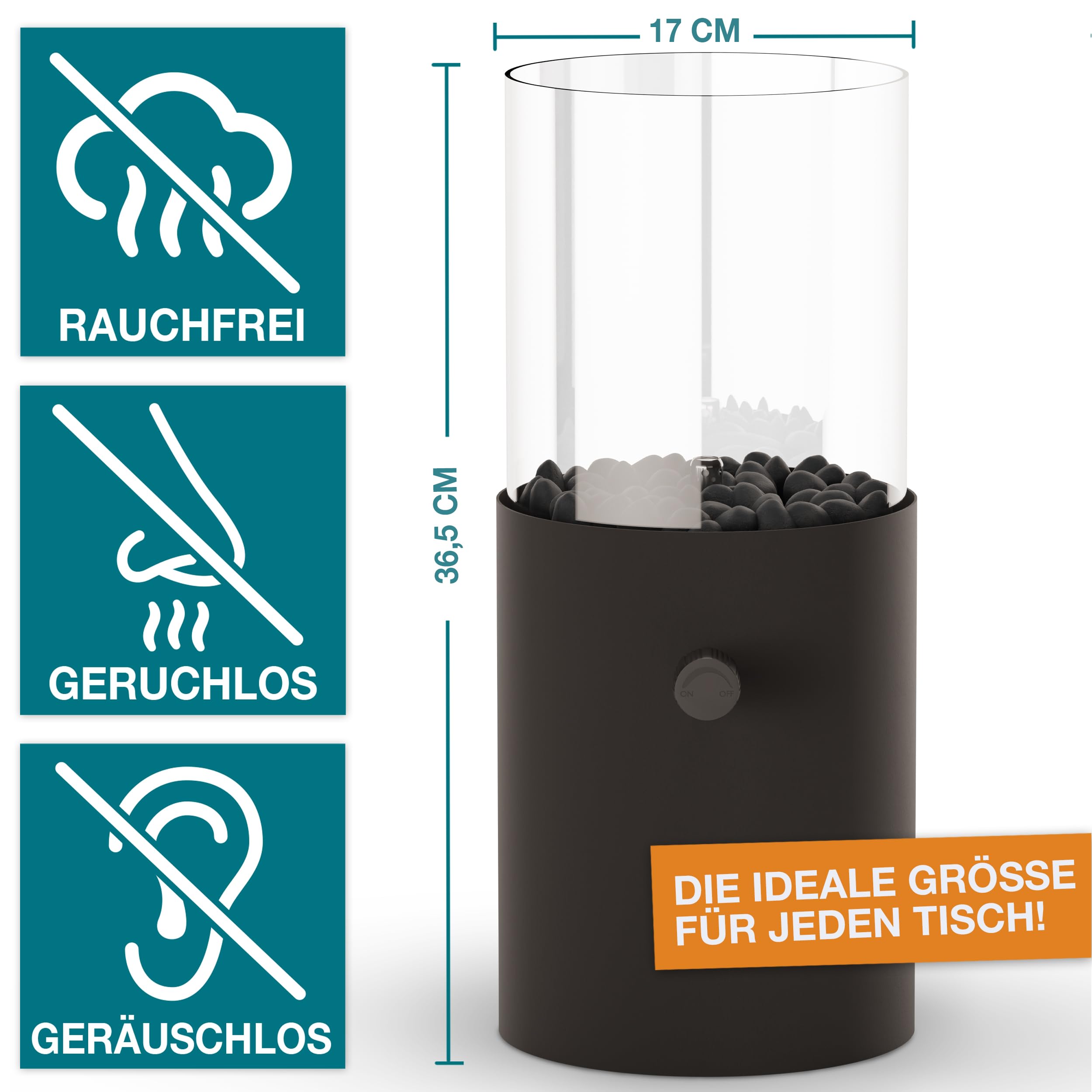 TOM Innovation XXL Gas Tischkamin - 12 Stunden Brenndauer für Indoor & Outdoor – Tisch Kamin Set – Tischfeuer mit Deko-Steinen – Plus 3X 190 g Stechgaskartusche