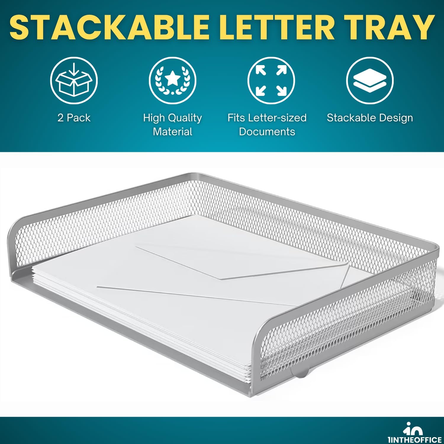 Stackable Side Load Letter Tray, Silver Wire Metal Mesh Paper Tray Organizer, 2 Trays