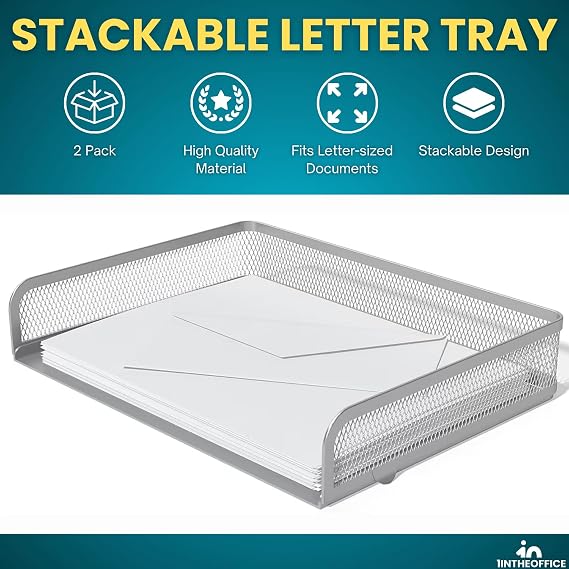 Stackable Side Load Letter Tray, Silver Wire Metal Mesh Paper Tray Organizer, 2 Trays