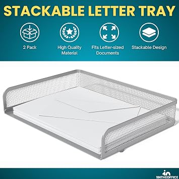 Stackable Side Load Letter Tray, Silver Wire Metal Mesh Paper Tray Organizer, 2 Trays