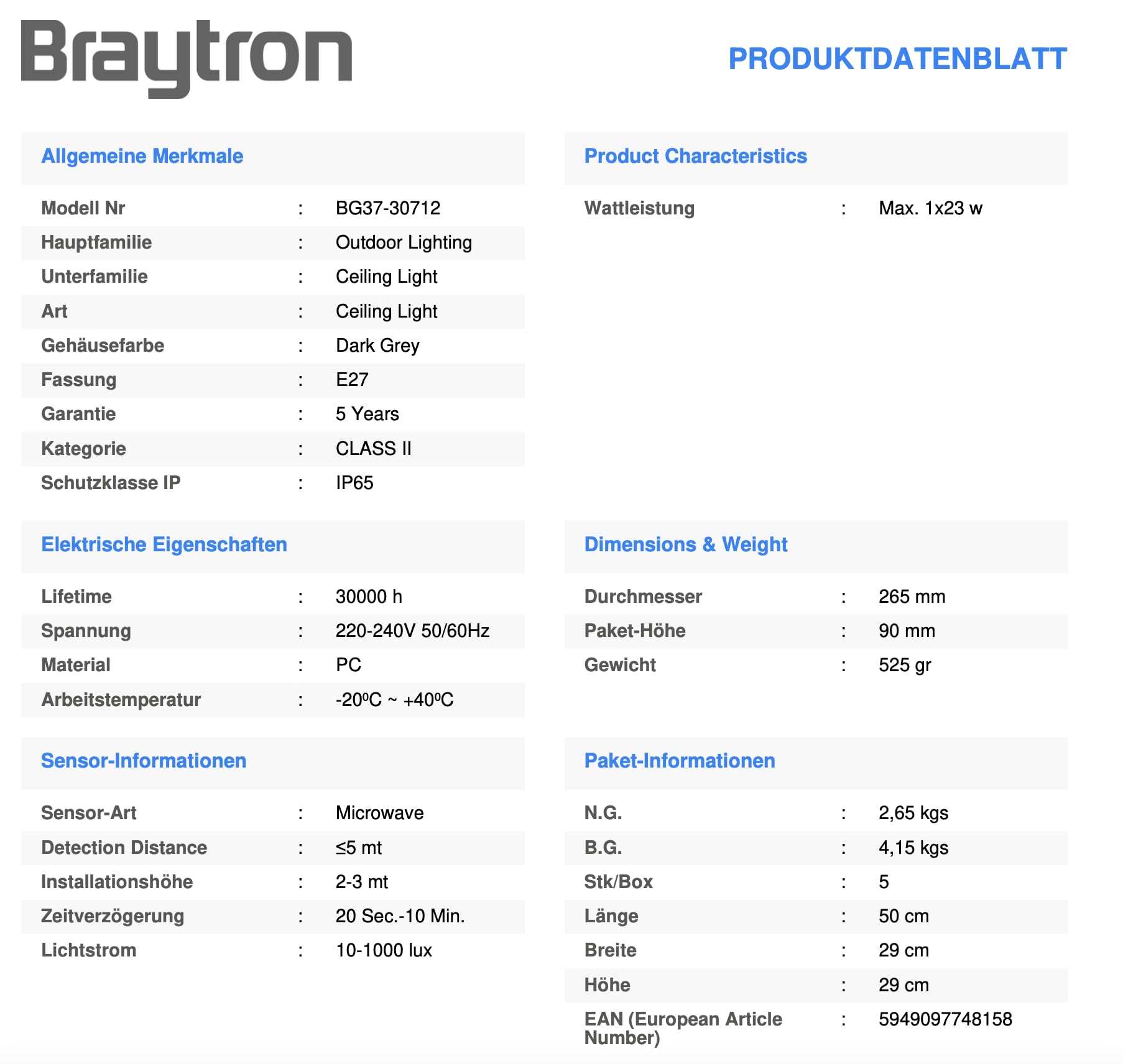 Braytron Außen Deckenleuchte IP65 Ø265mm – E27 Fassung max.23W – Runde Feuchtraumlampe mit Bewegungsmelder (Microwave Sensor) für Bad, Keller, Garage & Balkon (Anthrazit)