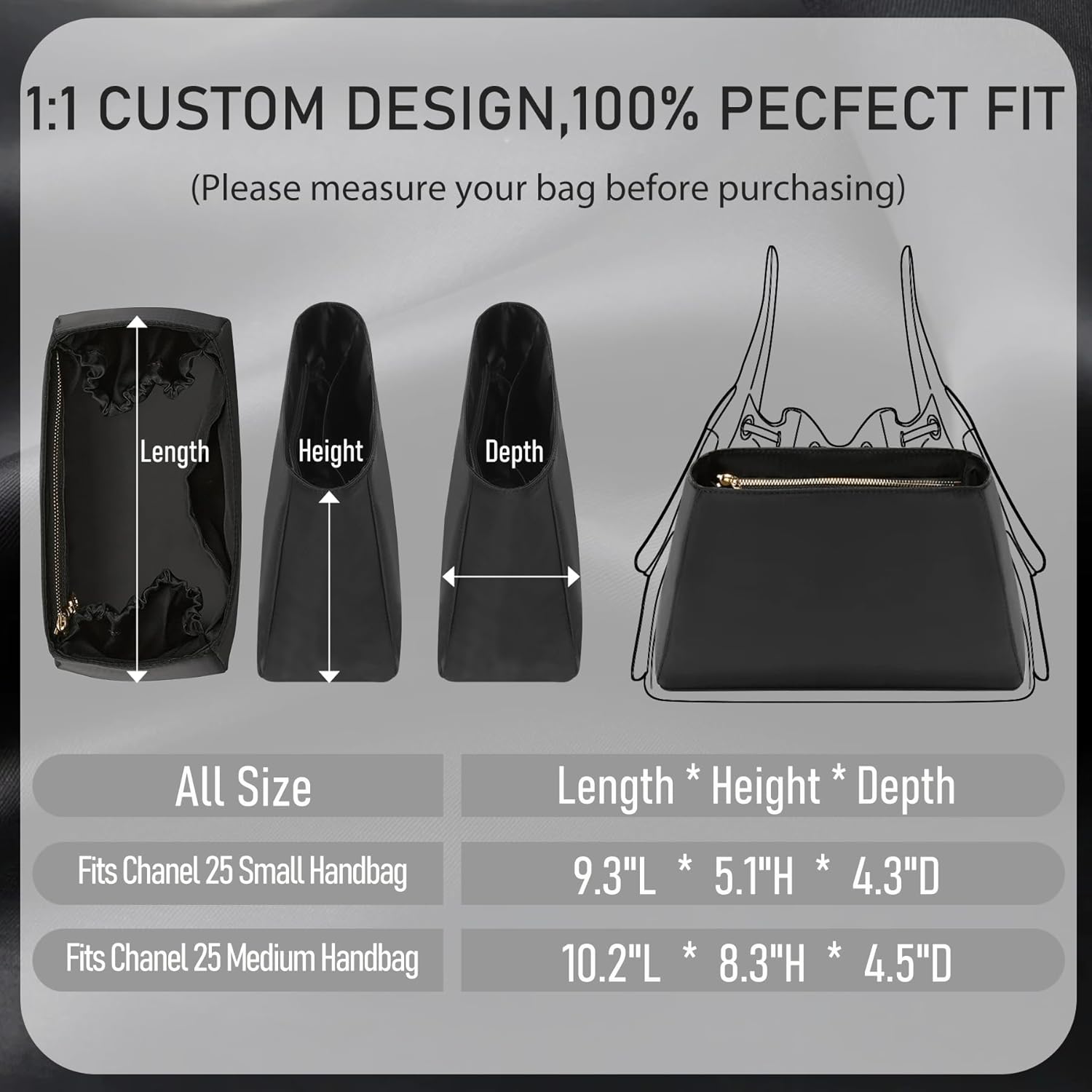 Soft Nylon Purse Organizer Insert for Chanel 25 Bag Insert, Smooth Zipper Pocket & 2 Elastic Pockets & Open Pocket, Lightweight Nylon Storage Divider Soft Touch Luxury Bag's Shaper for Women, S