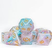 Vista 7 de UDIXI Juego de 11 dados poliédricos DND con remolinos iridecentes para juegos de rol, D&D (rosa y cian)