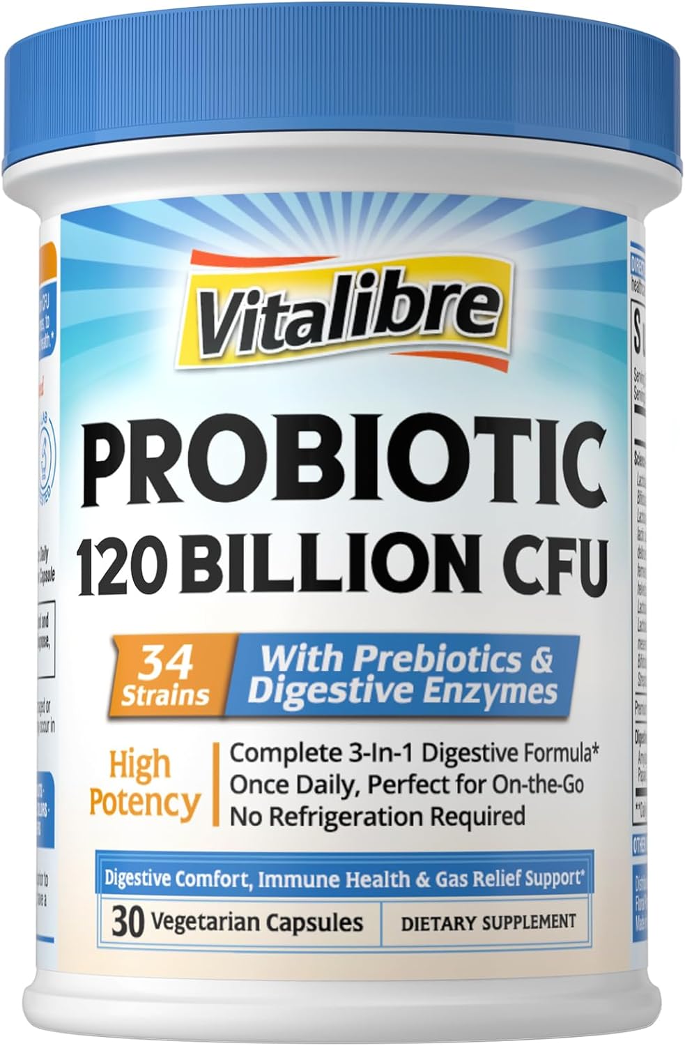 Probiotics for Women and Men, 120 Billion CFU 34 Strains, with Digestive Enzymes & Prebiotics, No Gluten, Gut Health, Digestive Health, Bloat Relief, 30 Vegetarian Capsules Probiotics for Women and Men, 120 Billion CFU 34 Strains, with Digestive Enzymes & Prebiotics, No Gluten, Gut Health, Digestive Health, Bloat Relief, 30 Vegetarian Capsules