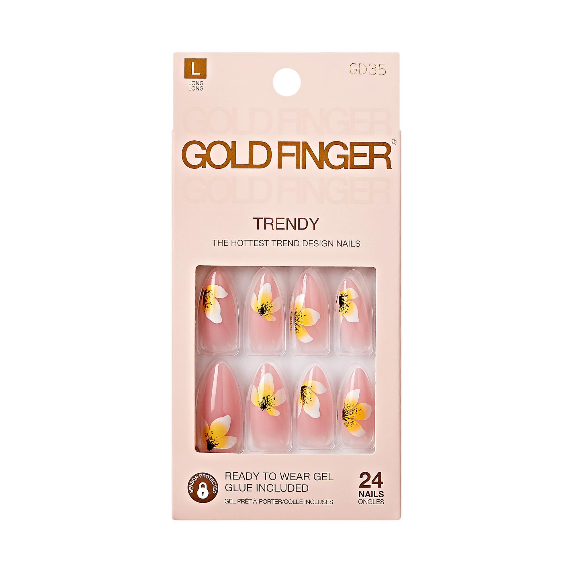 Goldfinger Trendy False Nails Kit, Long Almond Shape Design Nail, Pink & Flower Print, Ready to Wear Gel & Manicure Stick Included, Long-Lasting