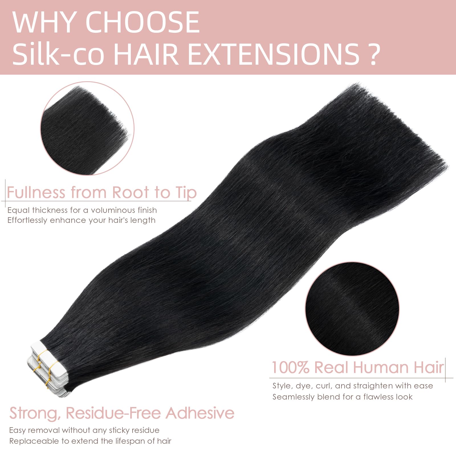 Silk-co 24inch Tape in Remy Human Hair Extensions 20Pcs #01 Jet Black Invisible -Skin Weft- Real Hair Extension Long Straight - Image 2