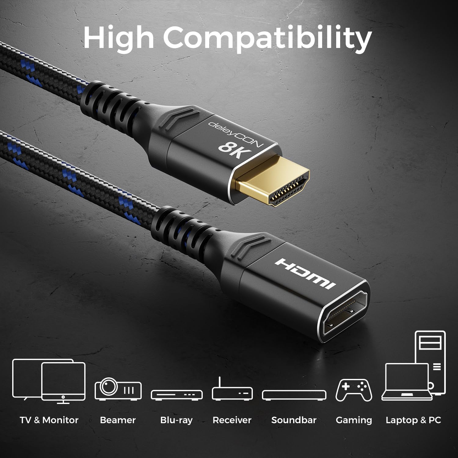 deleyCON 0,5m 8K Prolunga HDMI 2.1 - per TV, Monitor, PS4, PS5, Xbox, Soundbar Dolby Atmos eARC HDR10+ 48Gbps Accoppiatore Adattatore - 8K@60Hz, 4K@120Hz/144Hz, 2K@240Hz