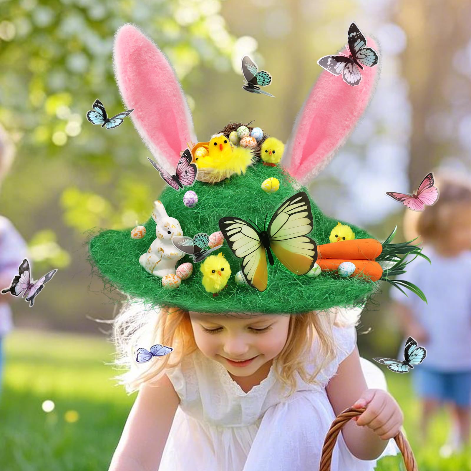 Easter Bonnet Kit Hat for Boys Girls Kids Gifts, Handmade DIY Decorations Make Your Own Hat for Easter Egg Hunt Activity with Craft Set Chicks Bunny Carrots Eggs Nests Grass Butterfly Cartoon Cap
