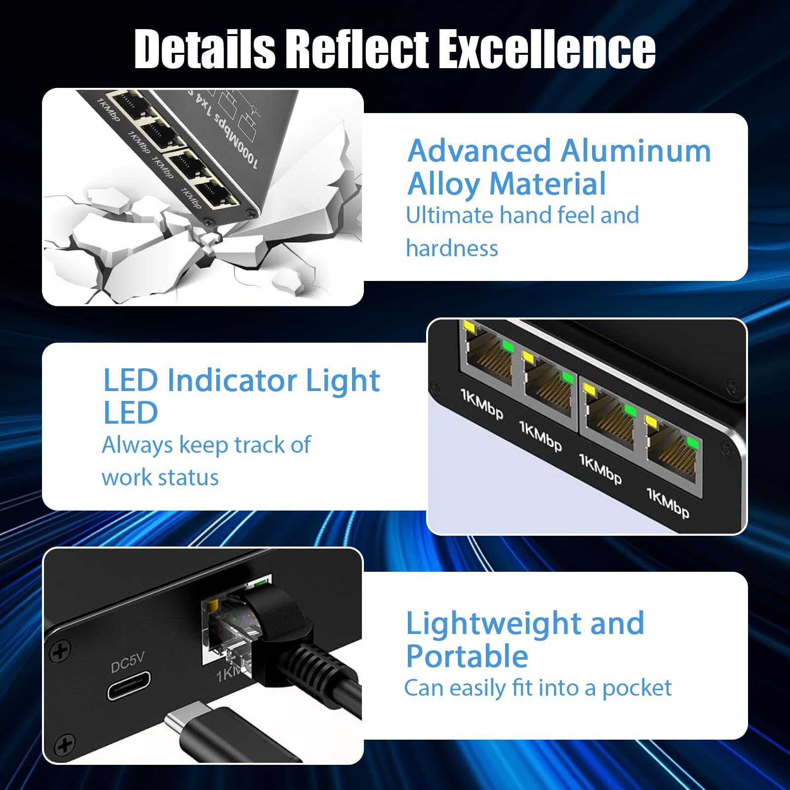 LAN Splitter 1 to 4 with 1 m Network Cable, Ethernet Switch 4 Port, LAN Splitter 1000 mbps, Ethernet Switch RJ45 for Computer, Router, Set-Top Box, Adsl, Digital Tv, Et - 5