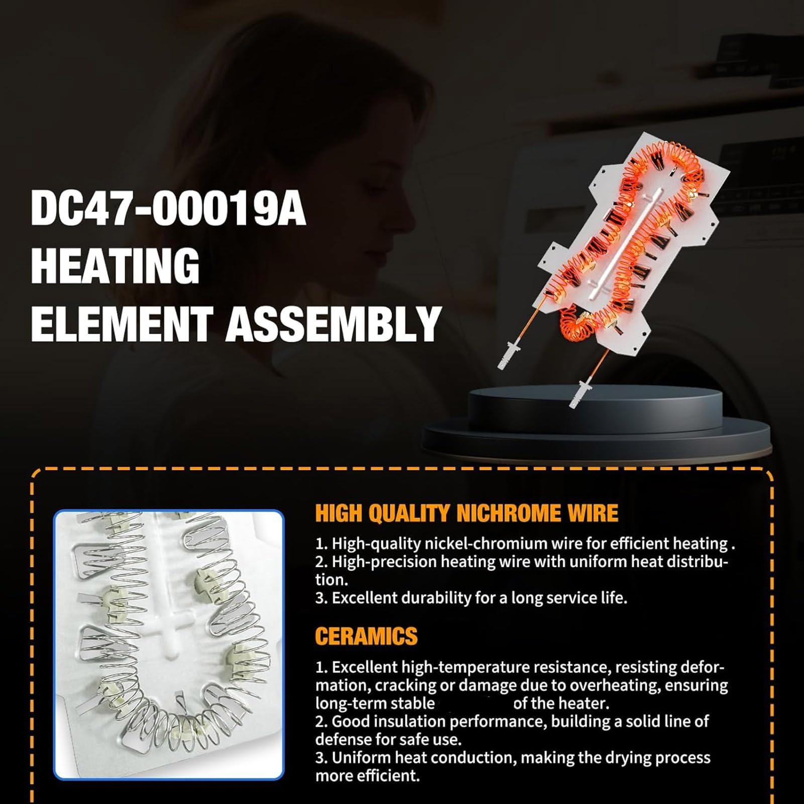 Accesorios de máquina de secado de piezas de calefacción de metal, textura de metal para reparación de secadora con cable extendido y alta resistencia