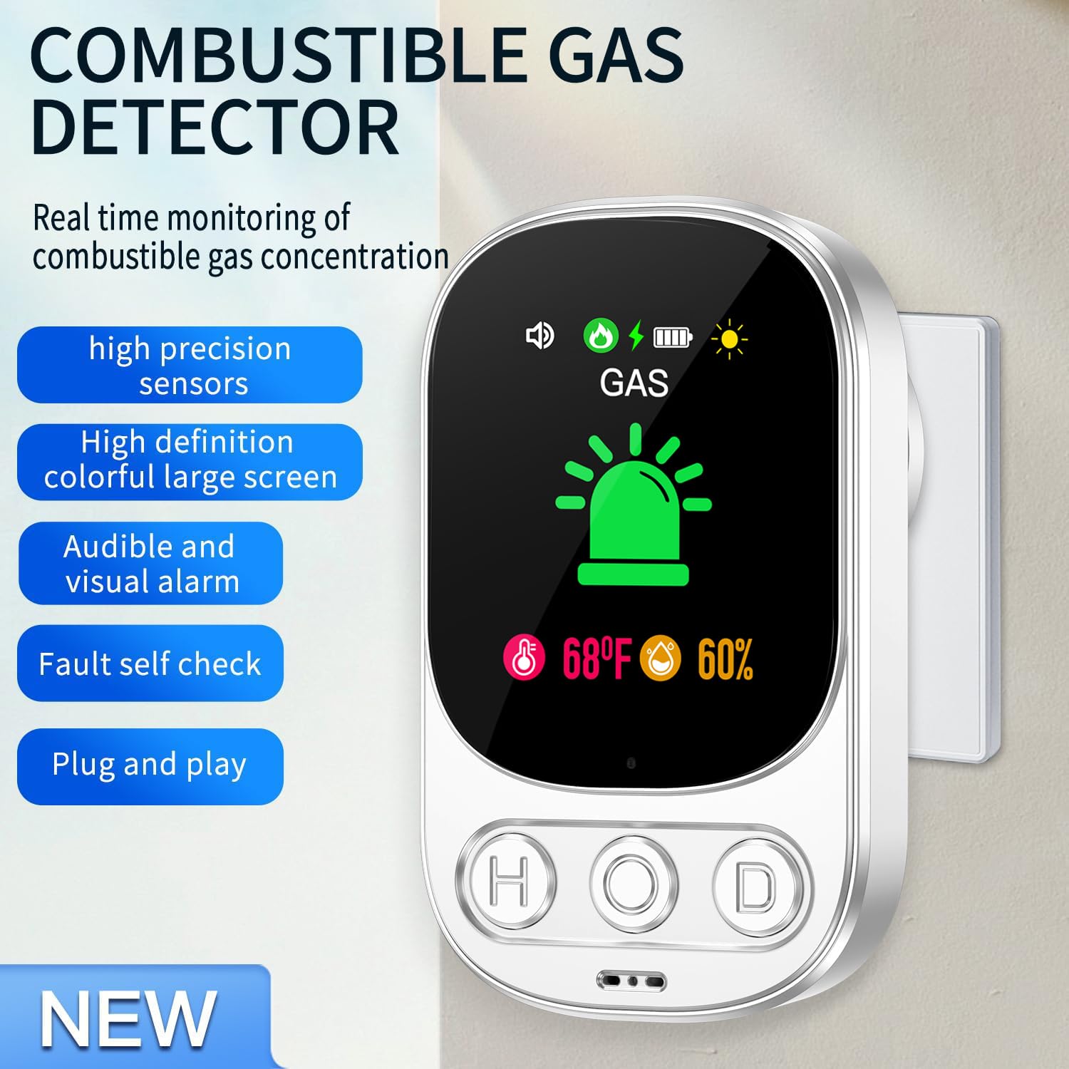Gasmelder mit Stecker für Haus, Gaswarnmelder Erdgasmelder für Zuhause, Gaswarner für Erdgas LPG Methan Ethan Propan Butan, mit Wiederaufladbarer Batterie, Weiß, HD05-B-0904