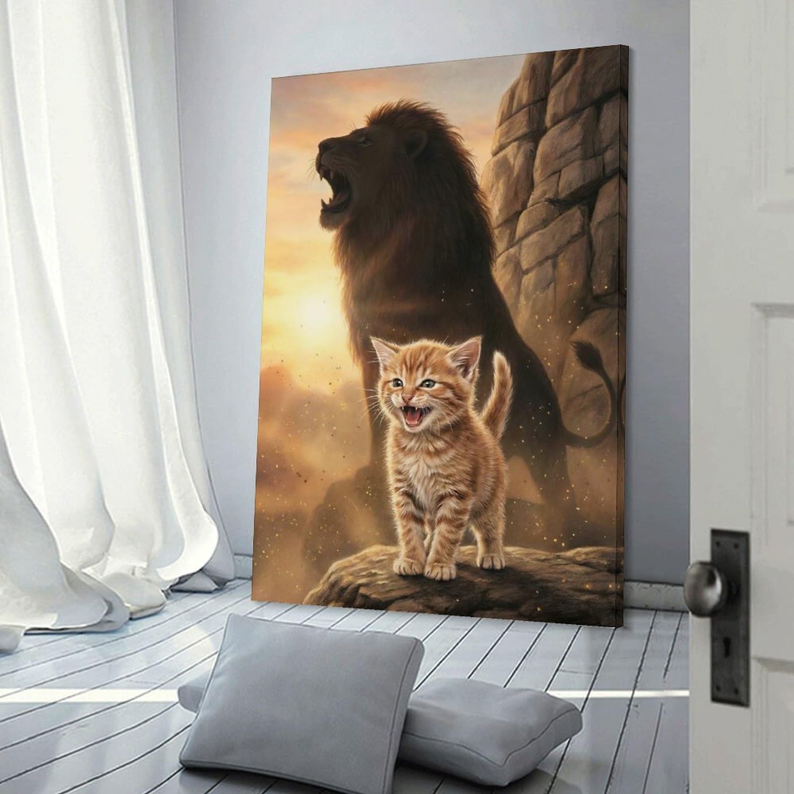 Junmoney Frame-Style-20 Kitten And Lion Roaring Together Home Decor Wall Art 12X18inch(30X45cm), For Bedroom, Guest Room Or Reading Nook, Decorative Wall Art For Cosy Rooms
