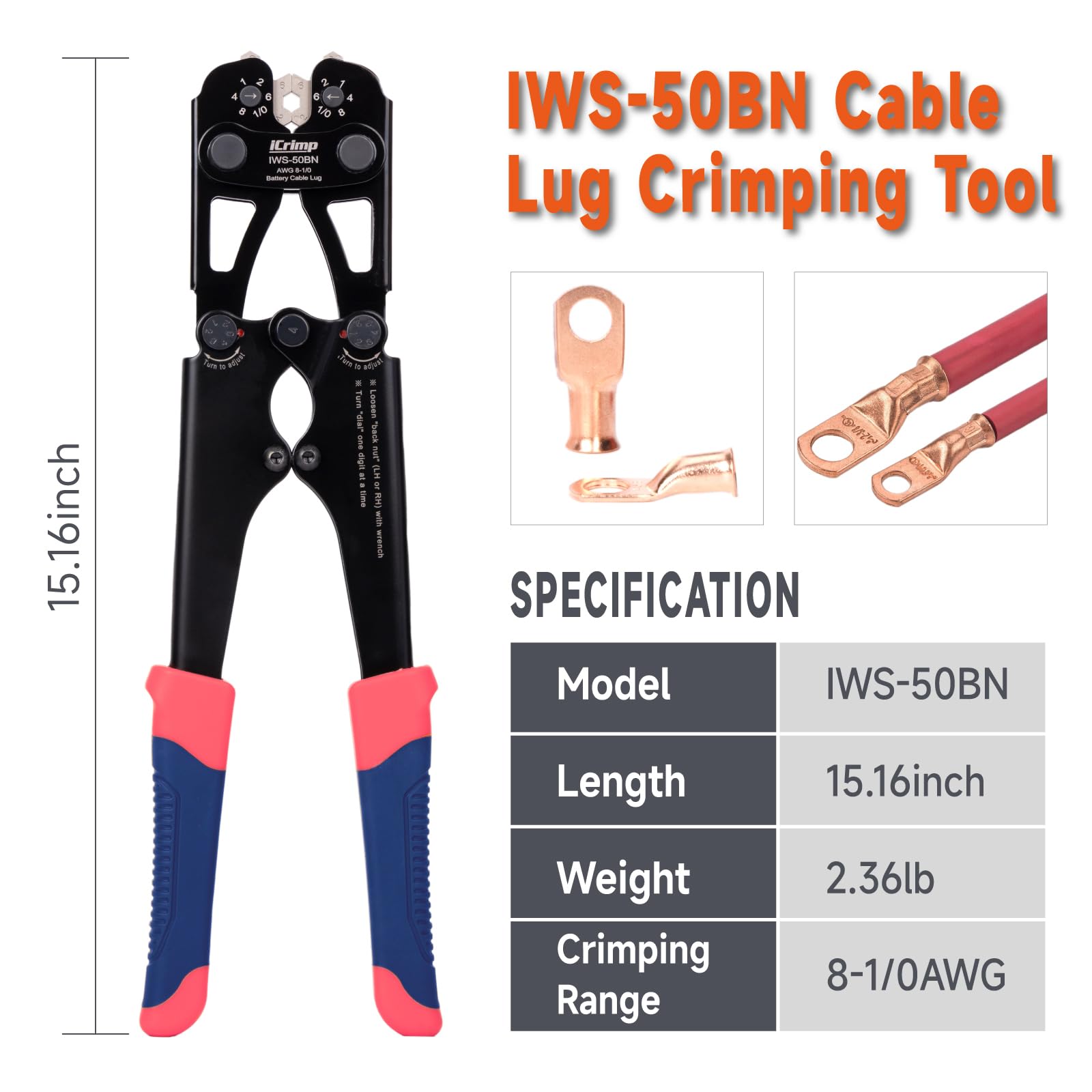 iCrimp Herramienta de crimpado de terminales de cable de batería para 8, 6, 4, 2, 1, 1/0 AWG | Adecuado para terminales de cable de cobre, crimpadora de terminales de batería