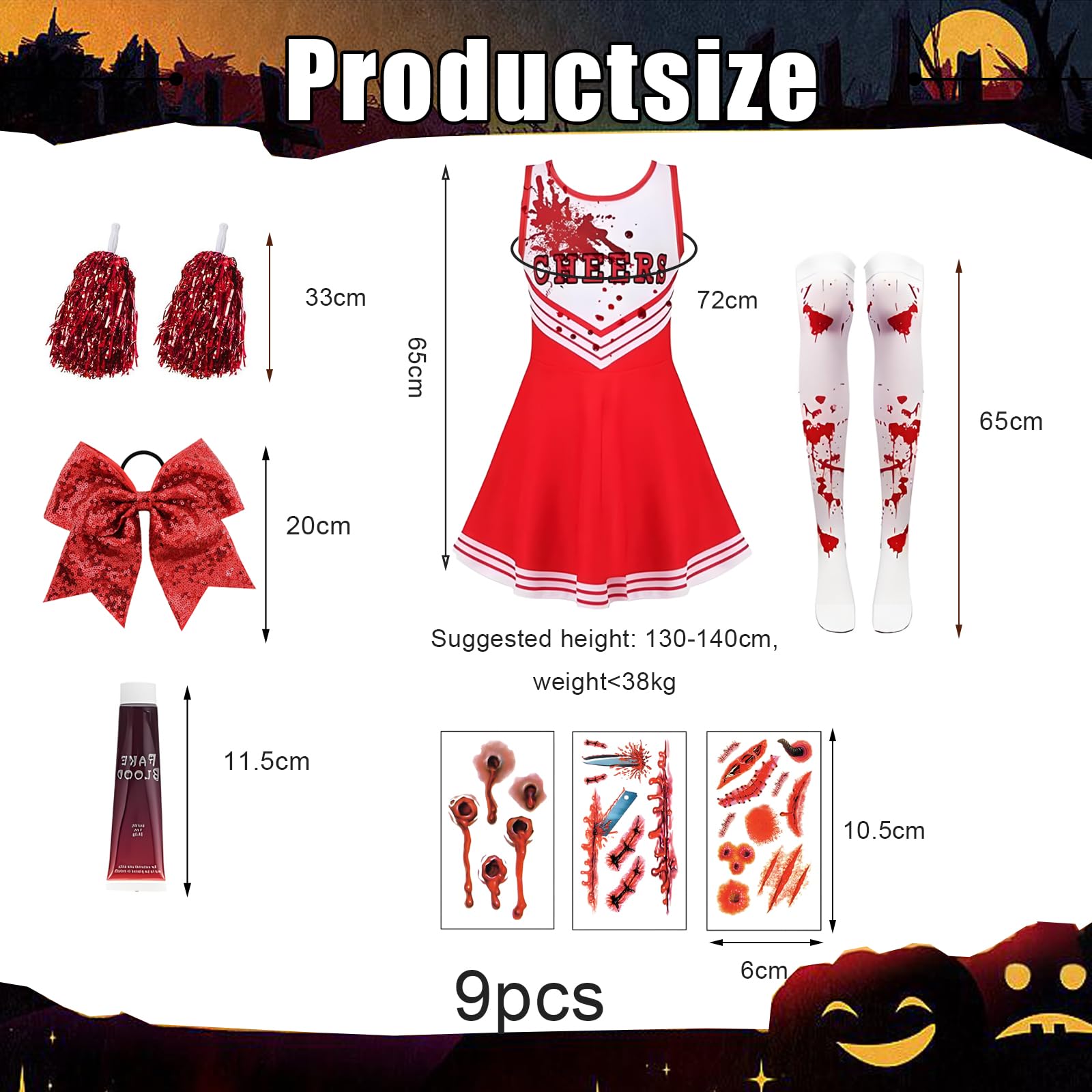 Pddenality 9 Pcs Halloween Costumes for Kids Set Red Zombie Cheerleader Costume Kids Zombie Costume - Image 2